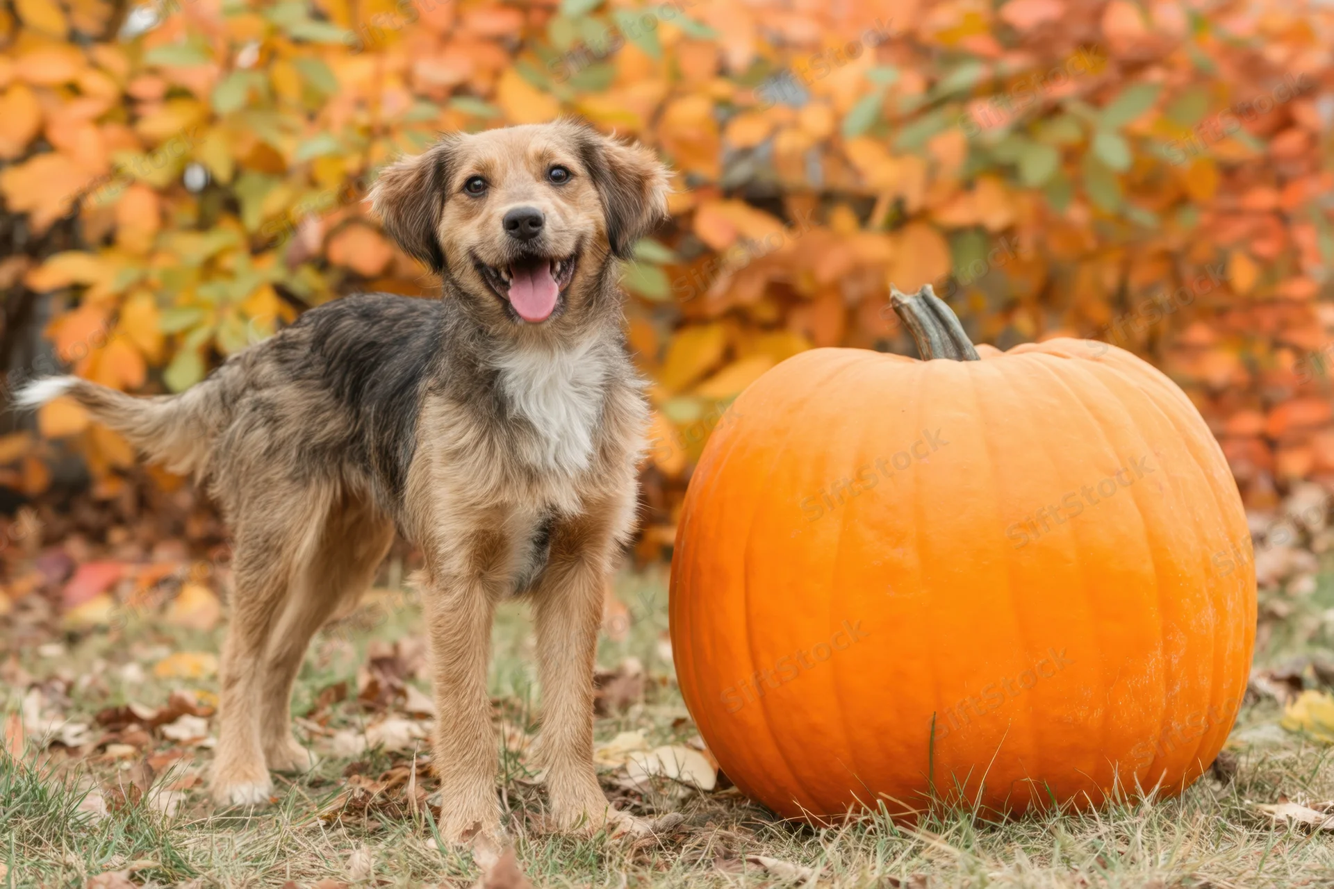 Playful puppy standing next to a large pumpkin in an autumn garden with fallen leaves