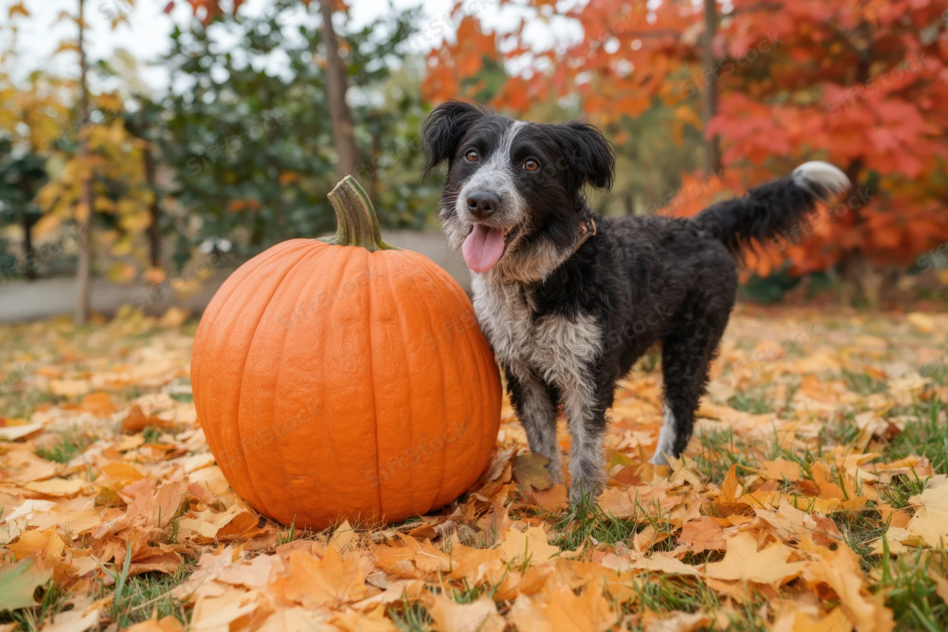 Playful dog standing next to large pumpkin on leaf-covered ground in autumn garden