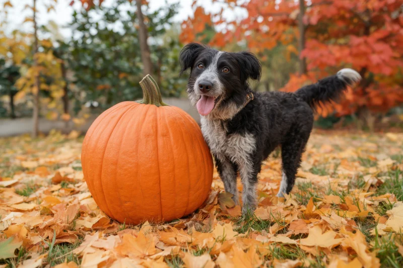 Playful dog standing next to large pumpkin on leaf-covered ground in autumn garden