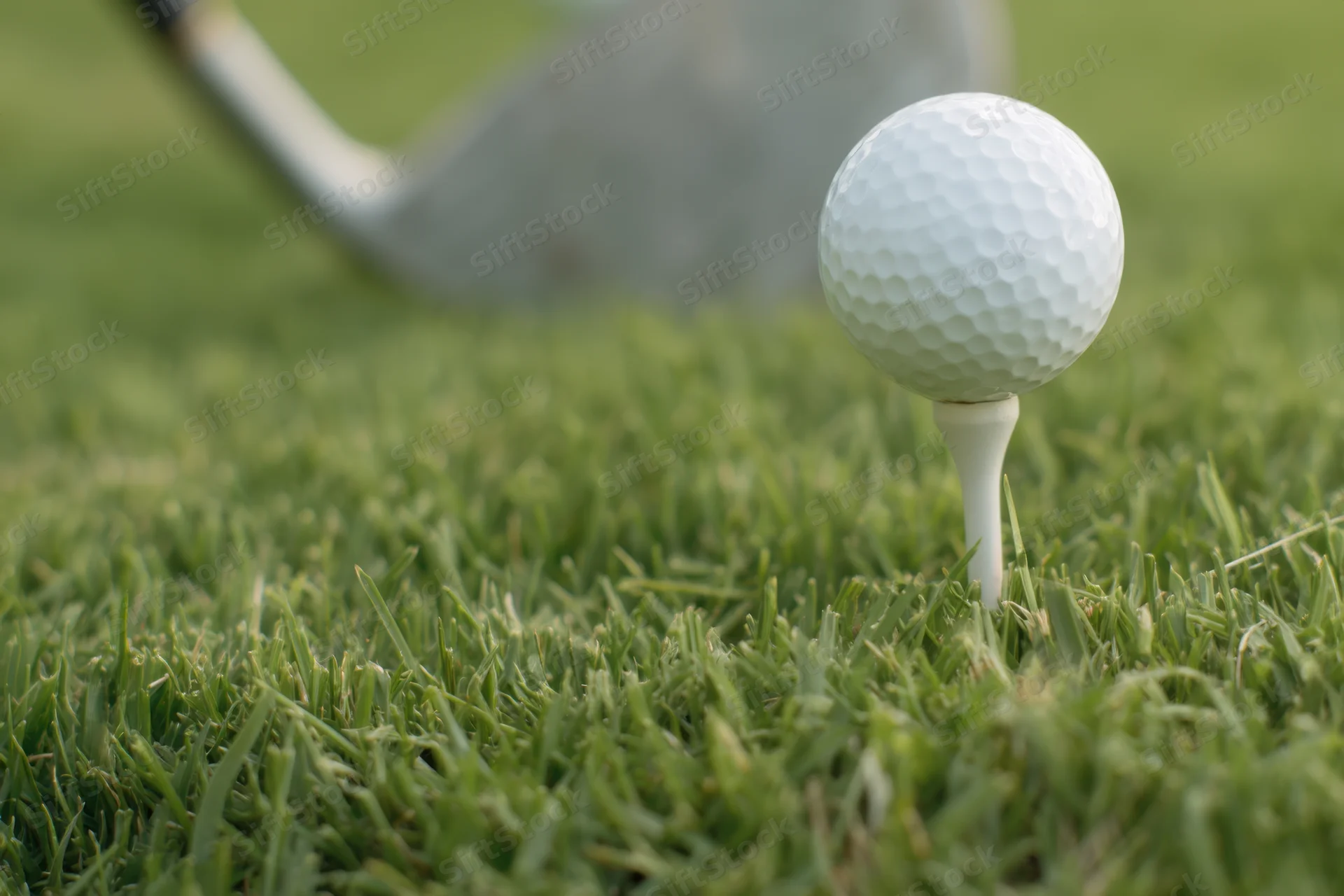 Golf ball on tee in green grass with golf club in background