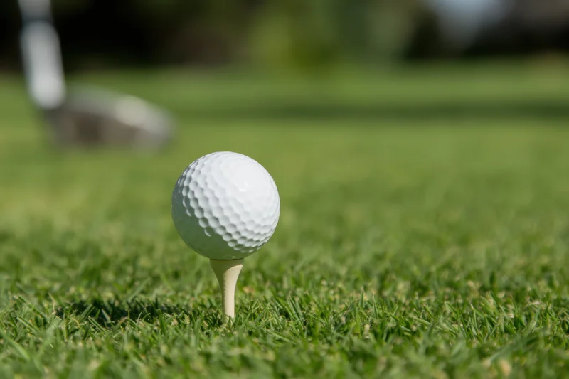 Golf ball on tee in green grass with blurred club in background