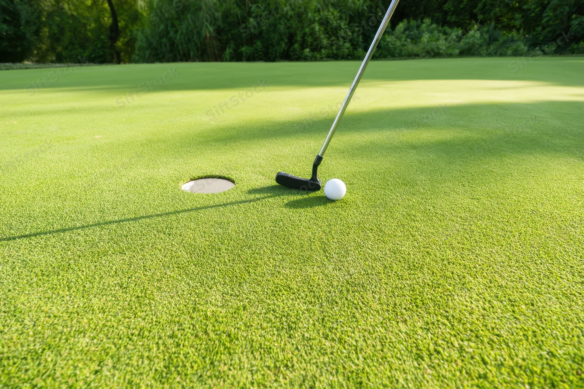 White golf ball near hole on putting green with putter beside it