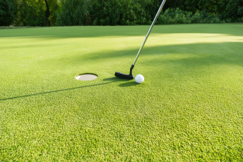 White golf ball near hole on putting green with putter beside it