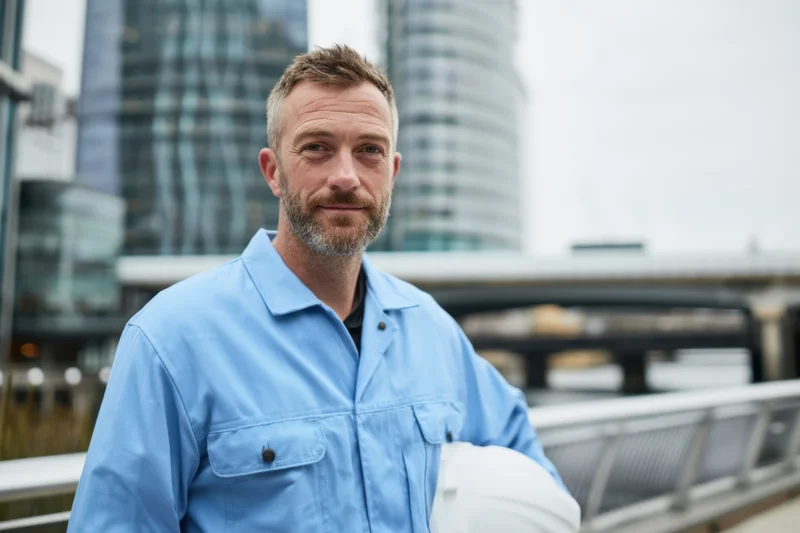 Middleaged man in blue work uniform holding white hardhat outdoors near city skyscrapers