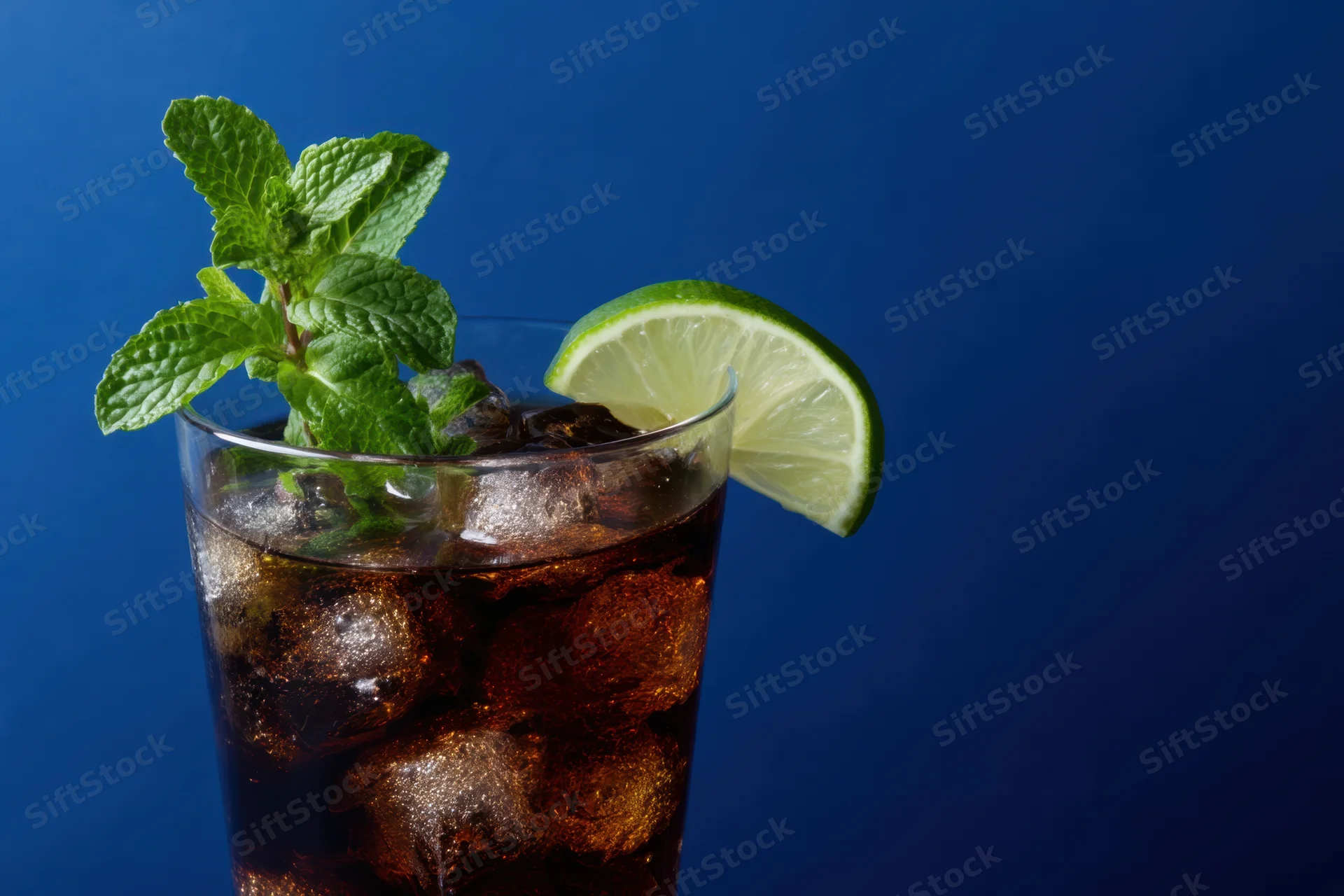 Glass of cola with ice cubes garnished with mint and lime slice against blue background