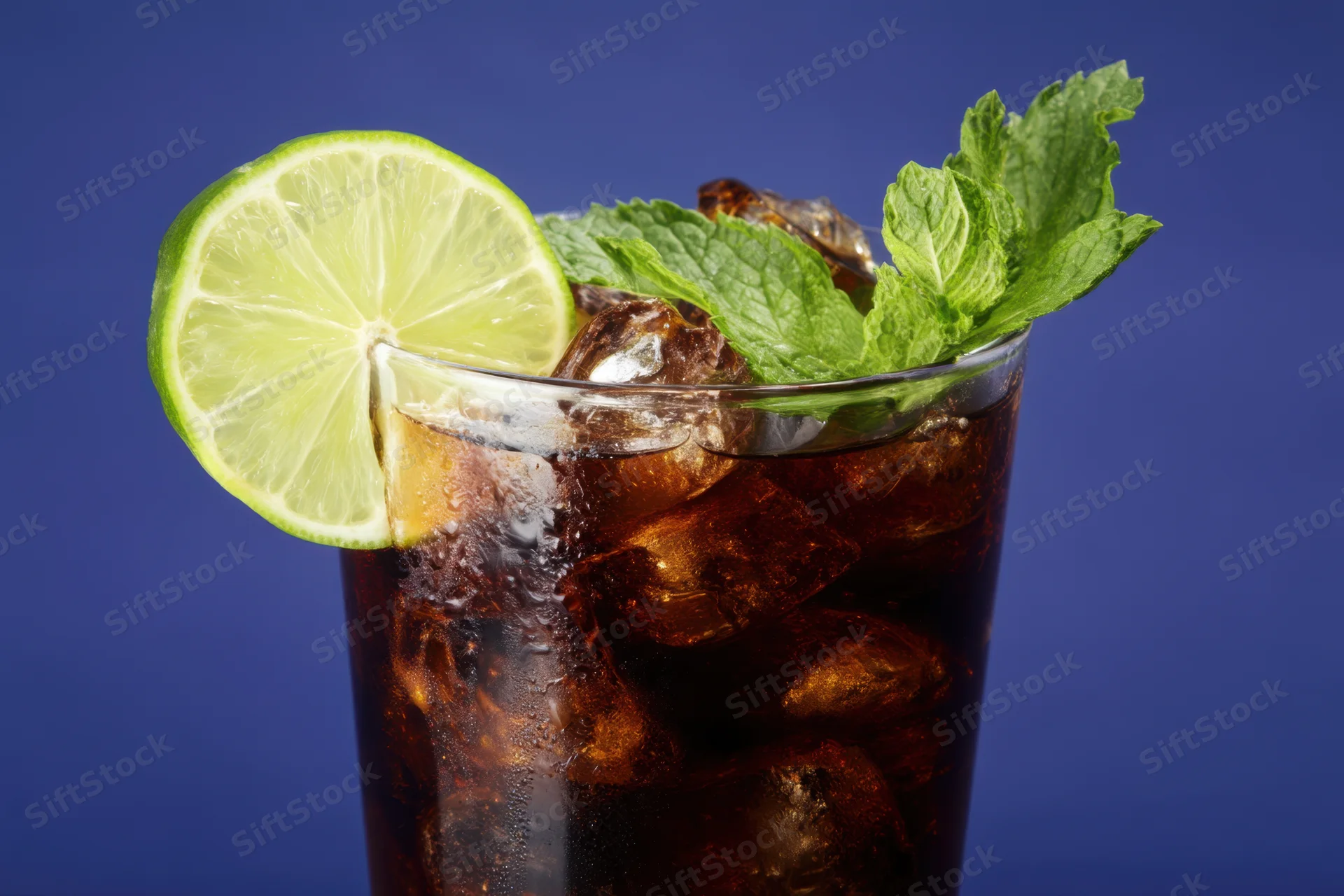 Glass of cola with ice and lime garnish against blue background
