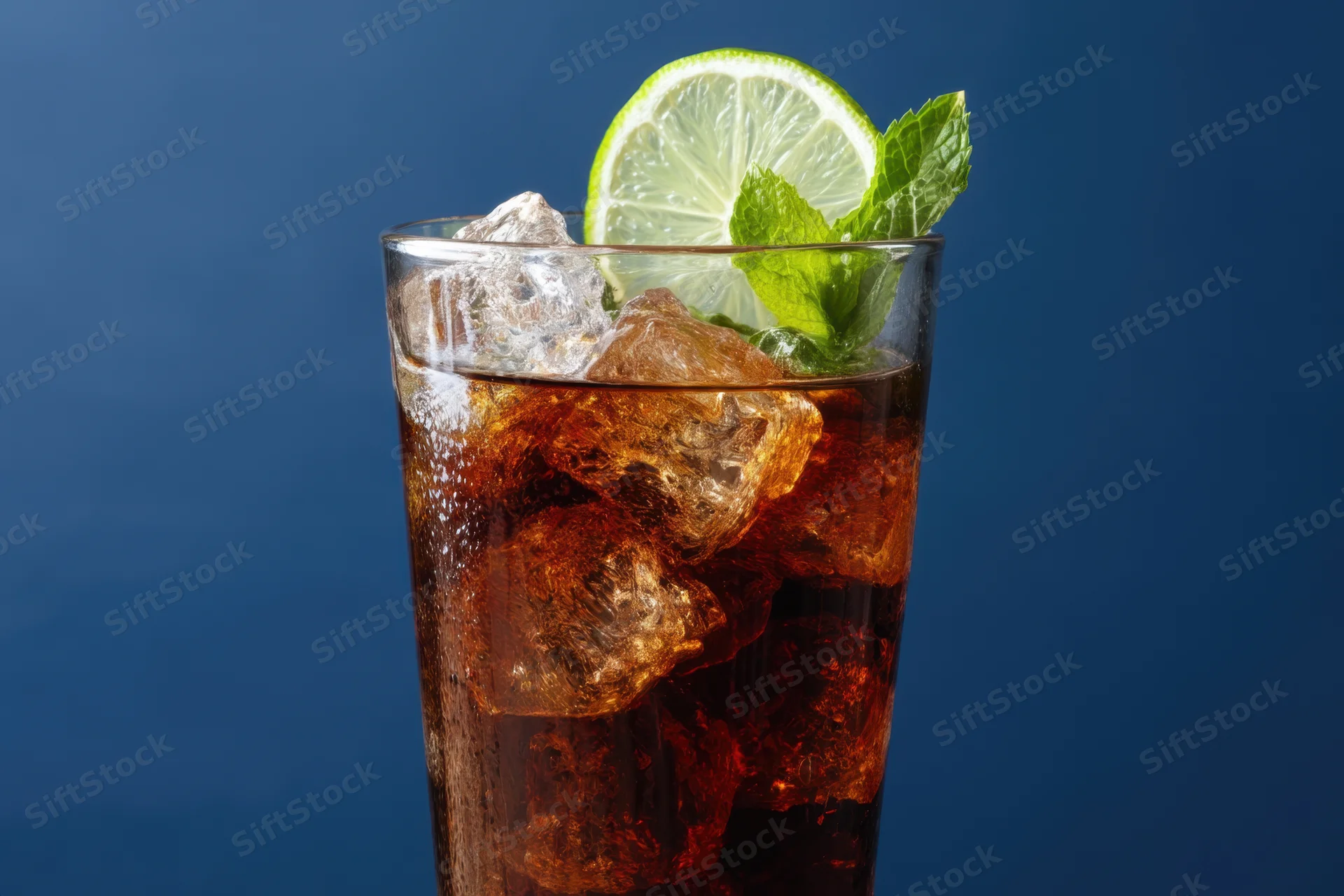 Glass of cola with ice and lime mint garnish against blue background