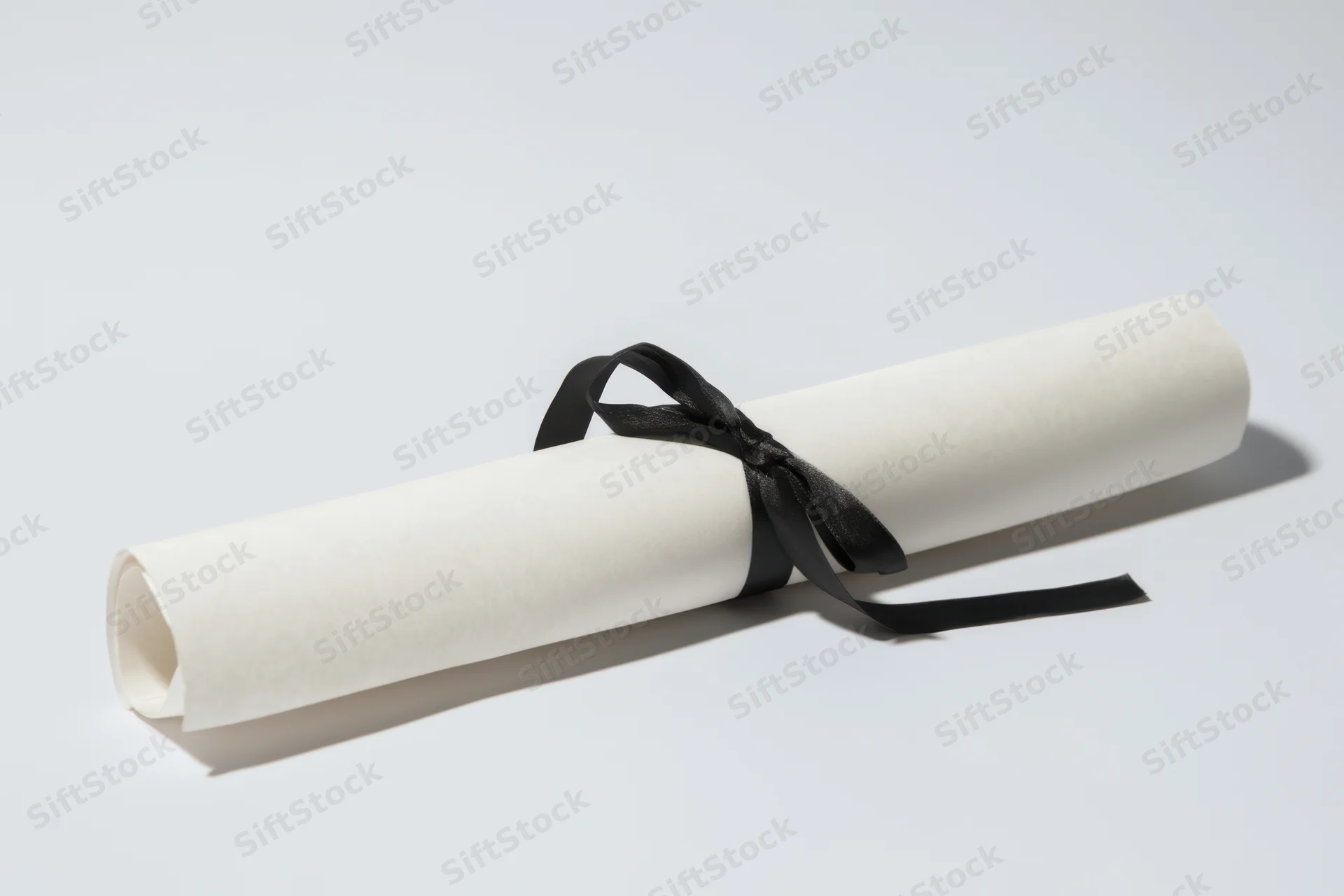 Rolled diploma secured with black ribbon on white background