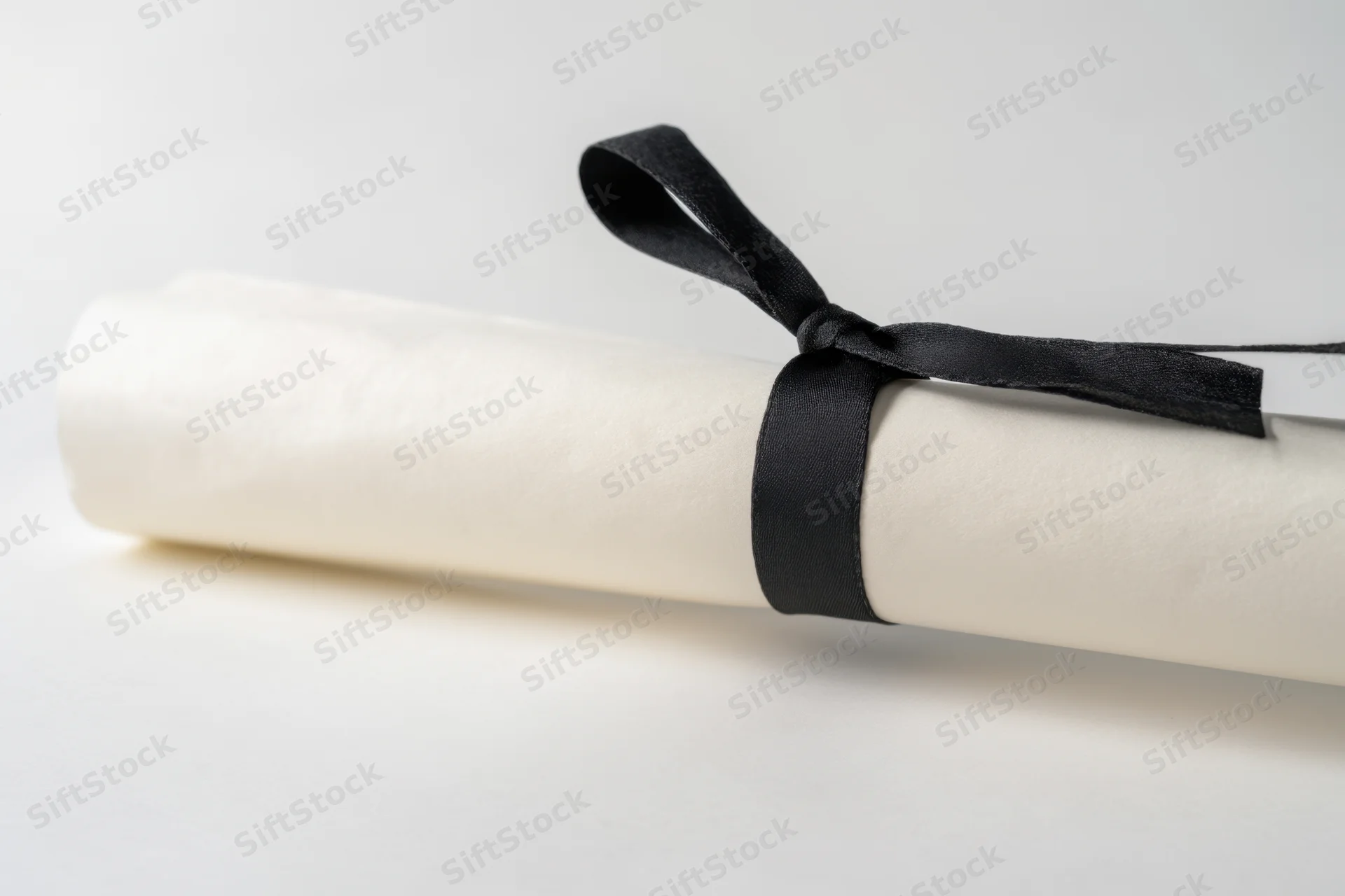 Rolled parchment diploma secured with black ribbon on white surface