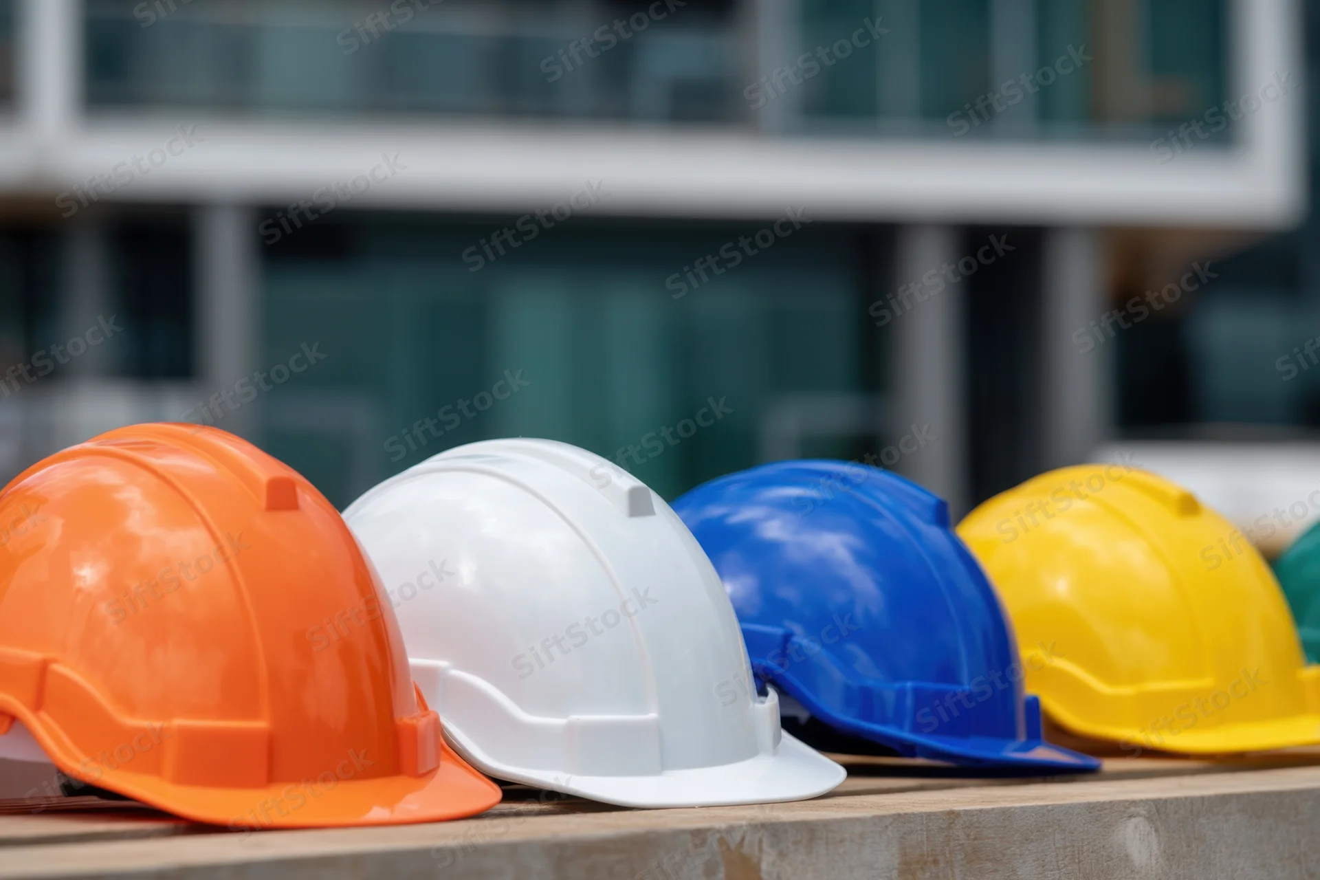 Row of colorful construction hardhats arranged on a ledge in front of a modern building facade
