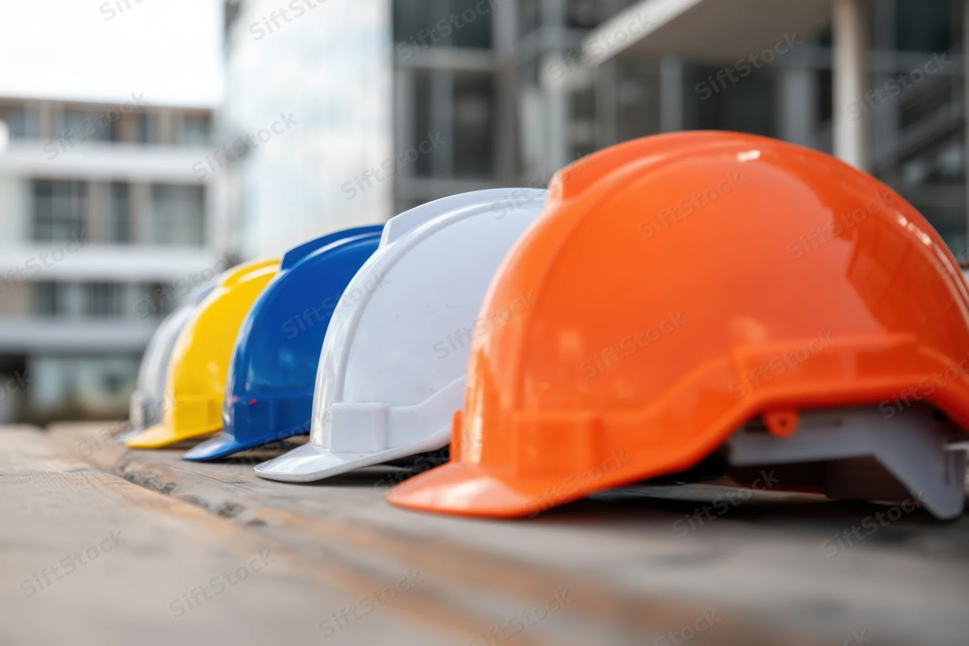 Row of colorful construction helmets arranged on wooden surface at building site