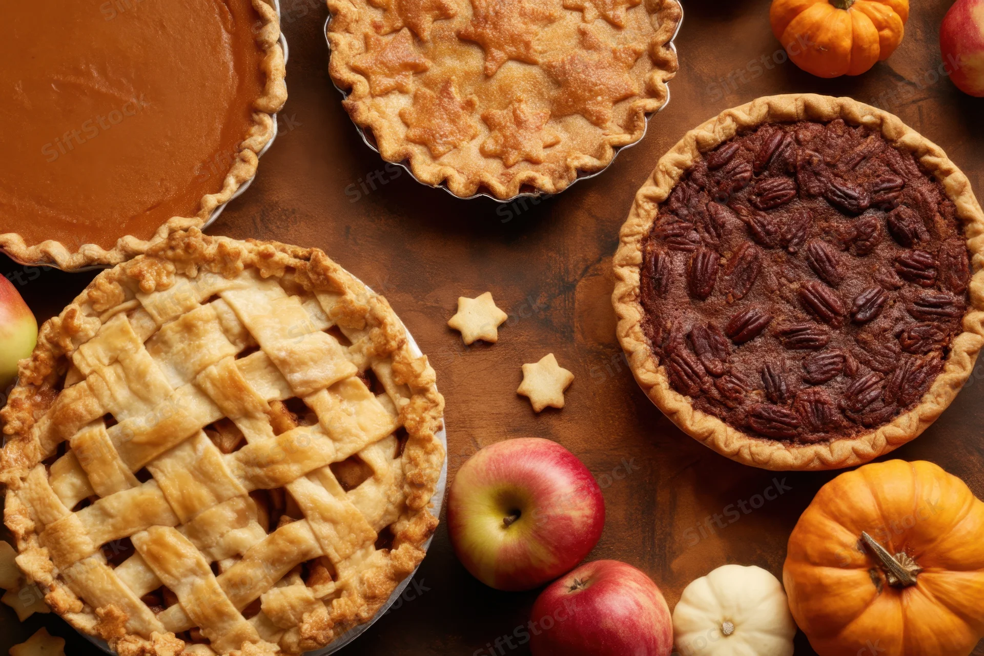 Three pies with apple, pumpkin, and pecan fillings arranged on a wooden table with apples and pumpkins around