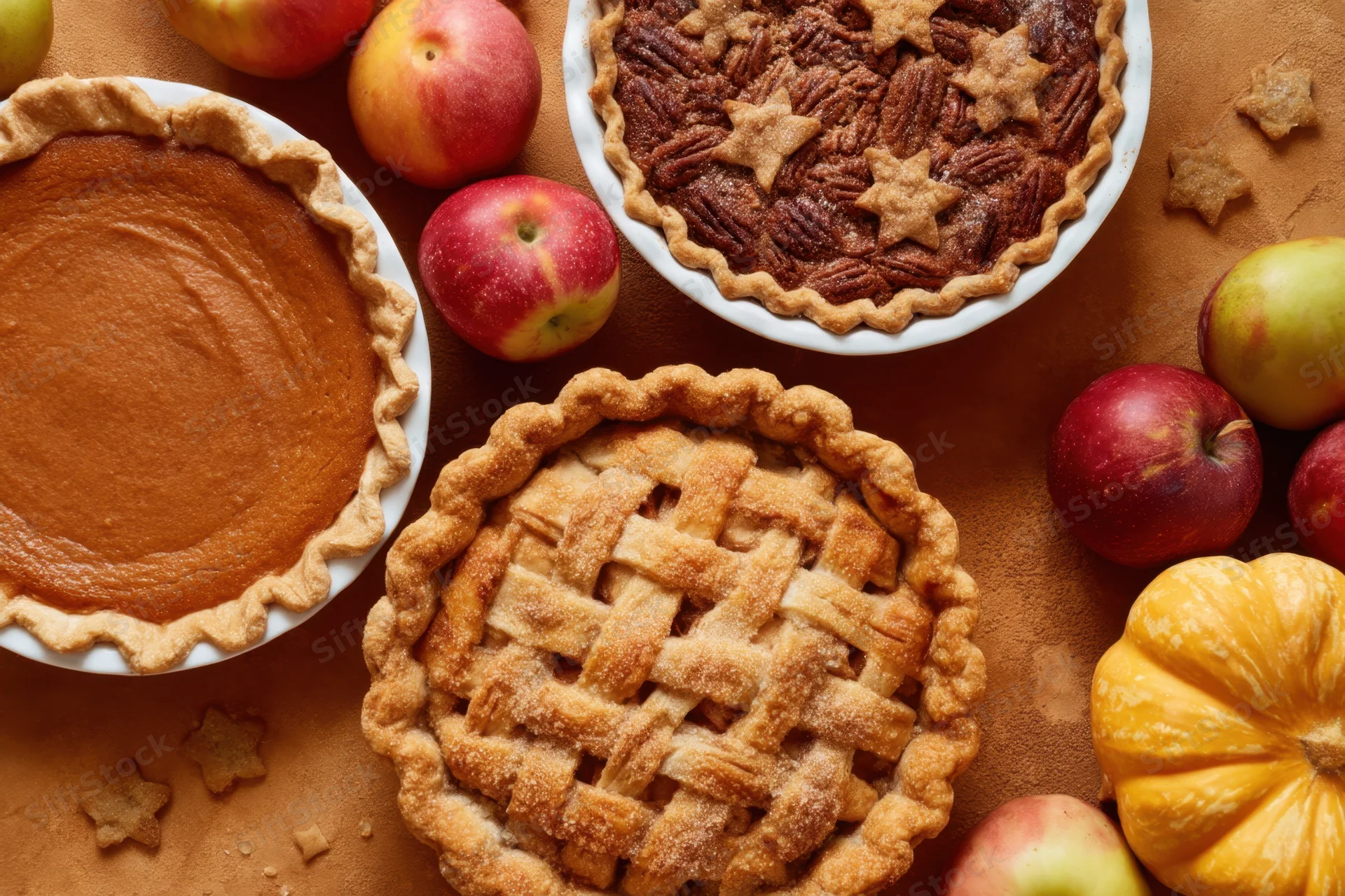 Three pies including apple, pumpkin, and pecan arranged on a rustic table with apples and a small pumpkin around them