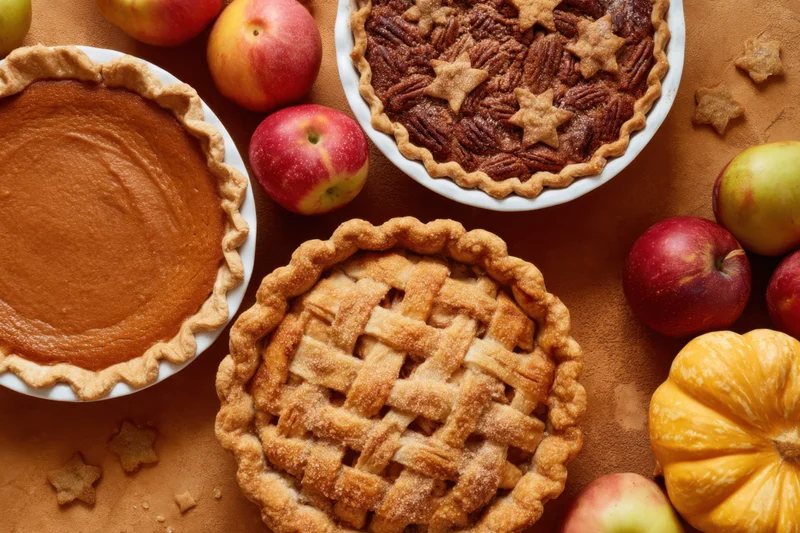 Three pies including apple, pumpkin, and pecan arranged on a rustic table with apples and a small pumpkin around them