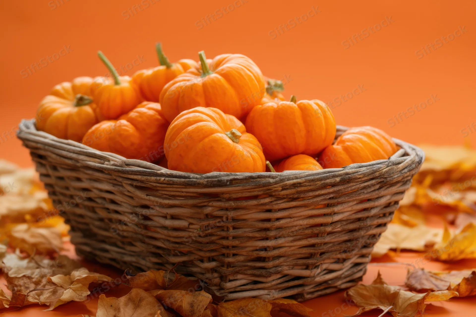 Rustic wicker basket filled with small orange pumpkins surrounded by dried autumn leaves on an orange surface