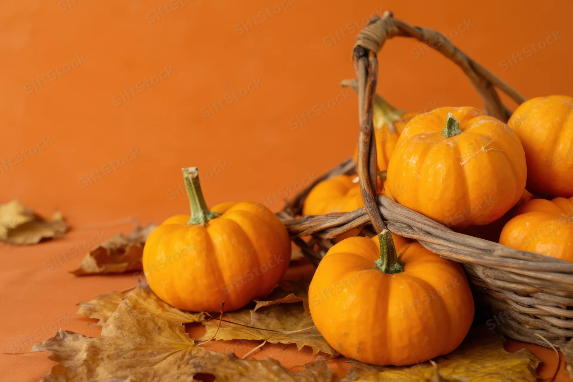 Small orange pumpkins arranged in a wicker basket with dried leaves on an orange surface