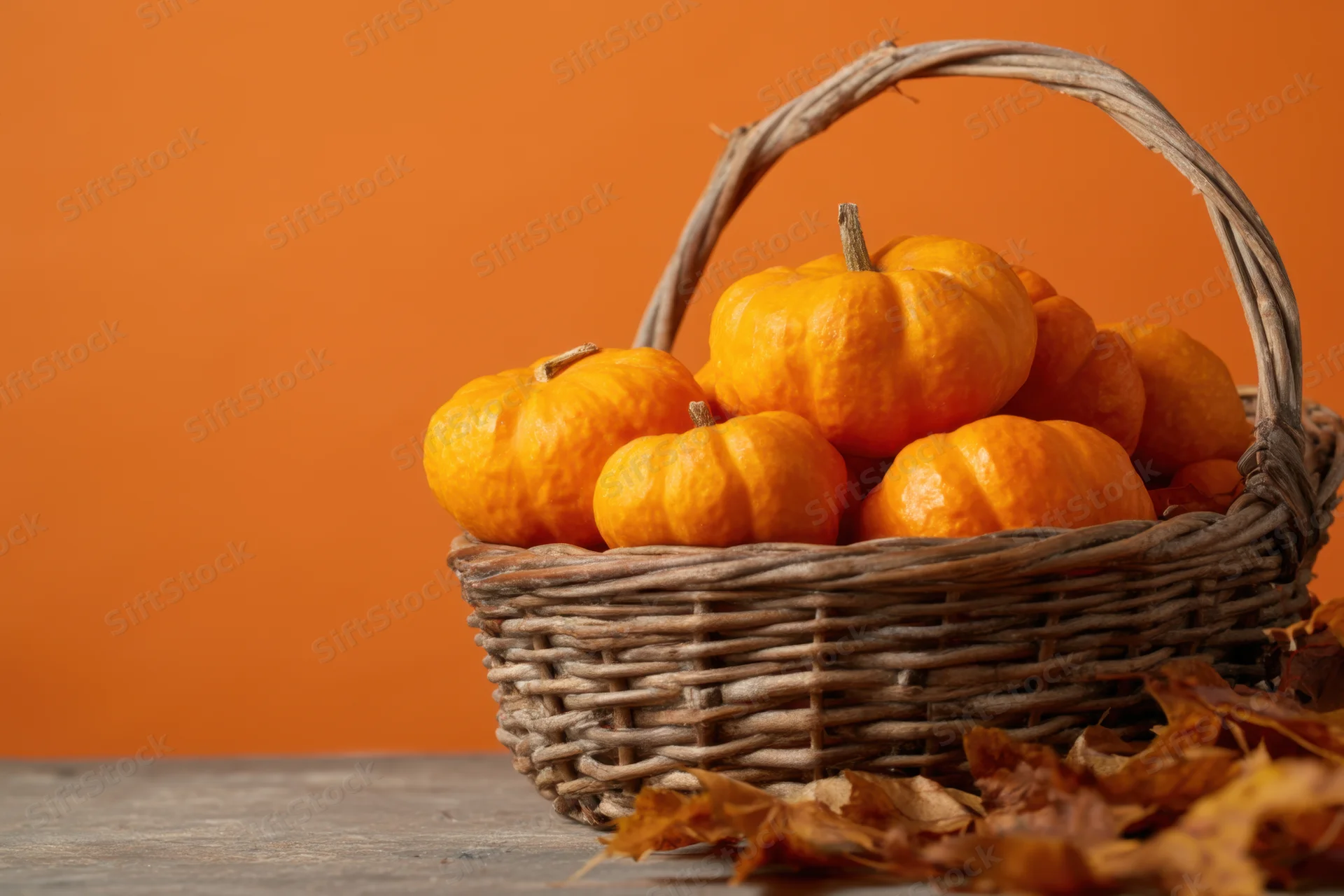 Rustic wicker basket filled with small orange pumpkins on wooden surface with dried leaves around