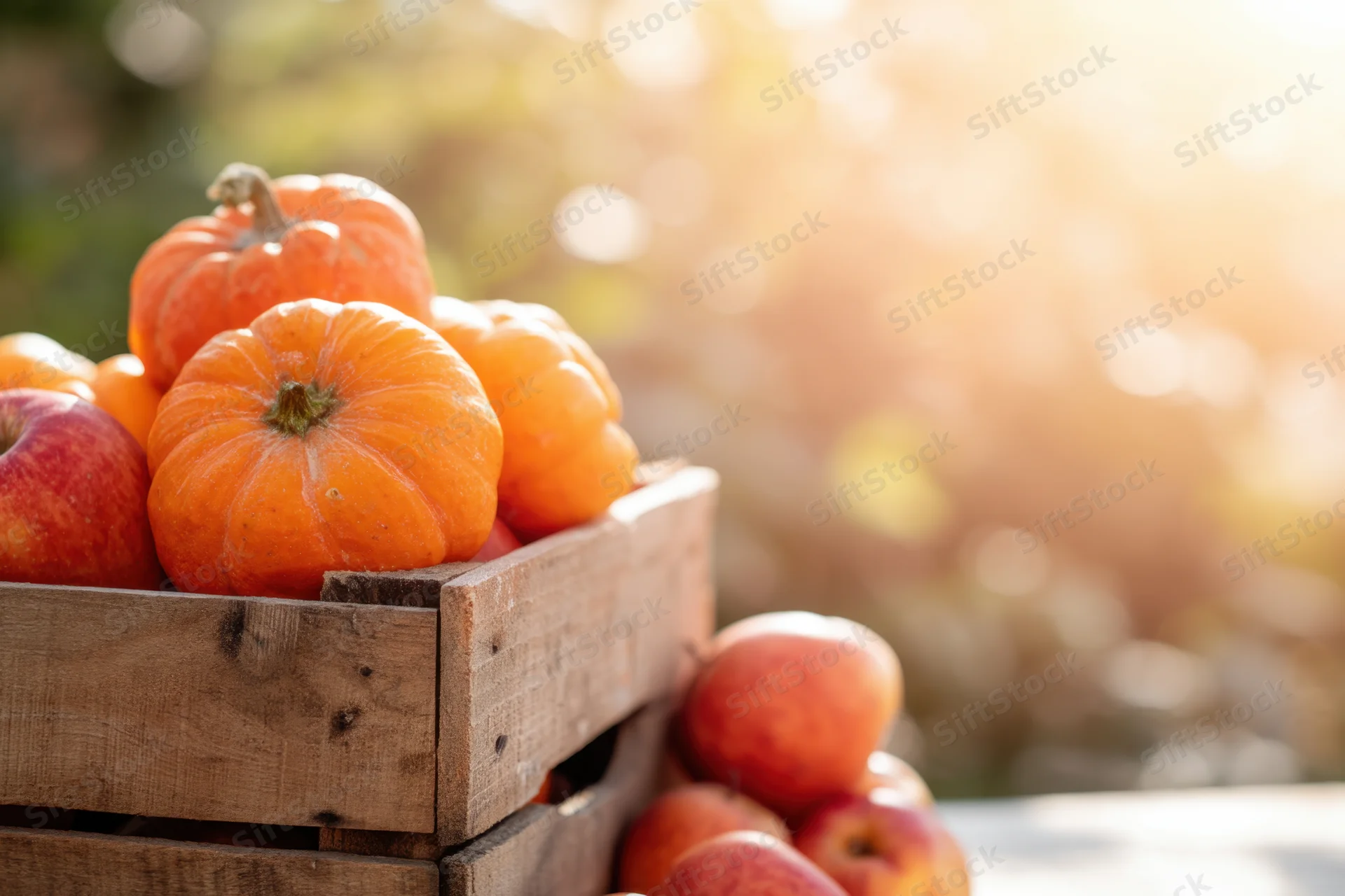 Wooden crate filled with pumpkins and apples outdoors in autumn sunlight