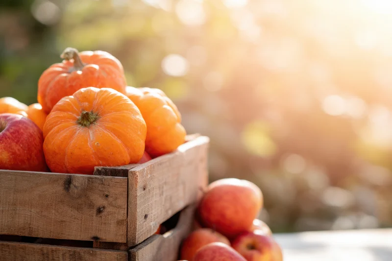 Wooden crate filled with pumpkins and apples outdoors in autumn sunlight
