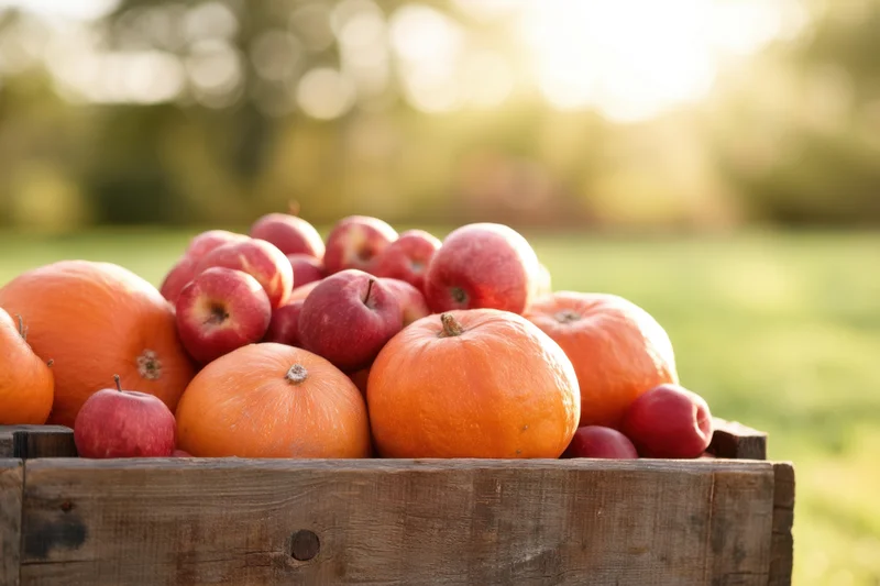 Wooden crate filled with pumpkins and apples in a grassy field during golden hour