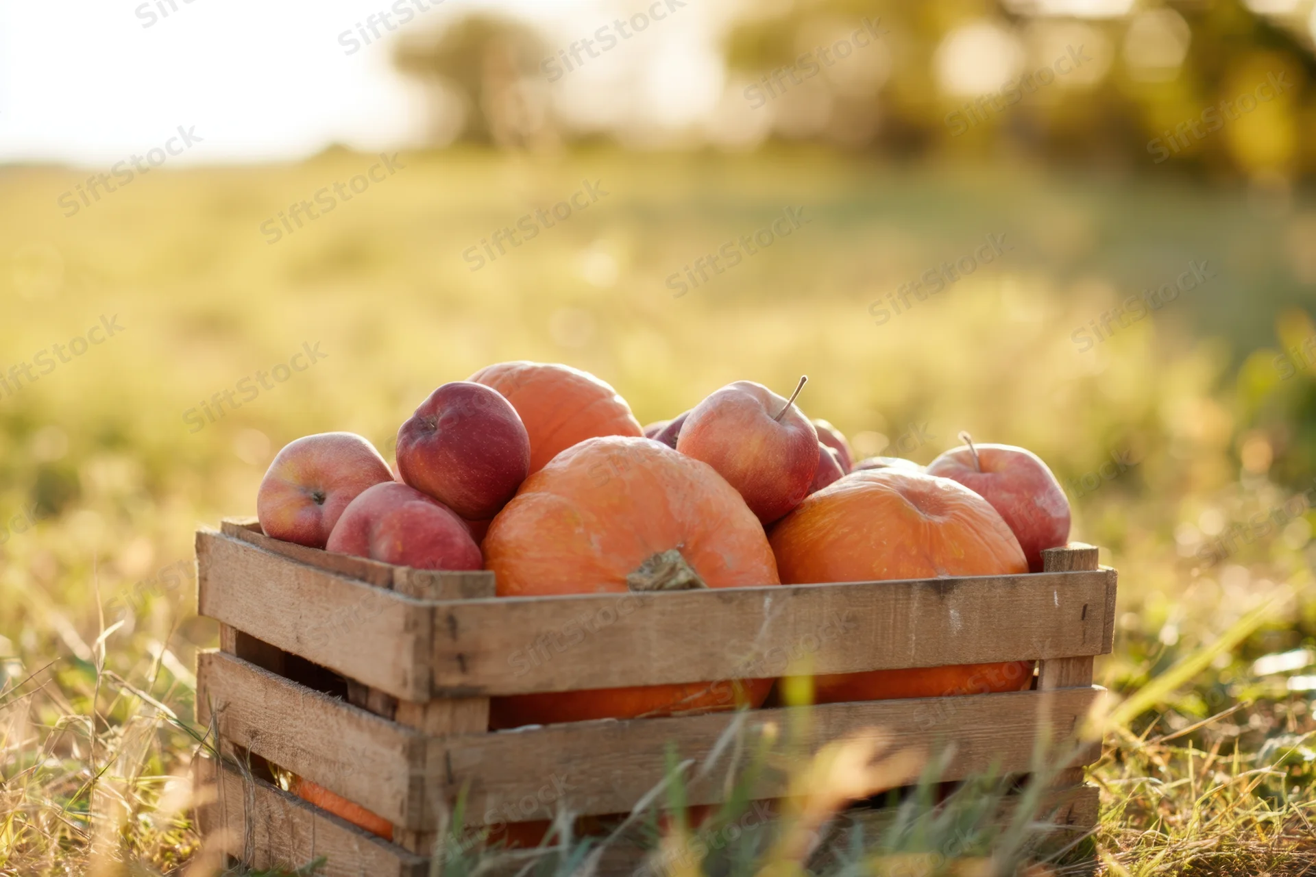 Wooden crate filled with pumpkins and apples in a grassy field during autumn harvest