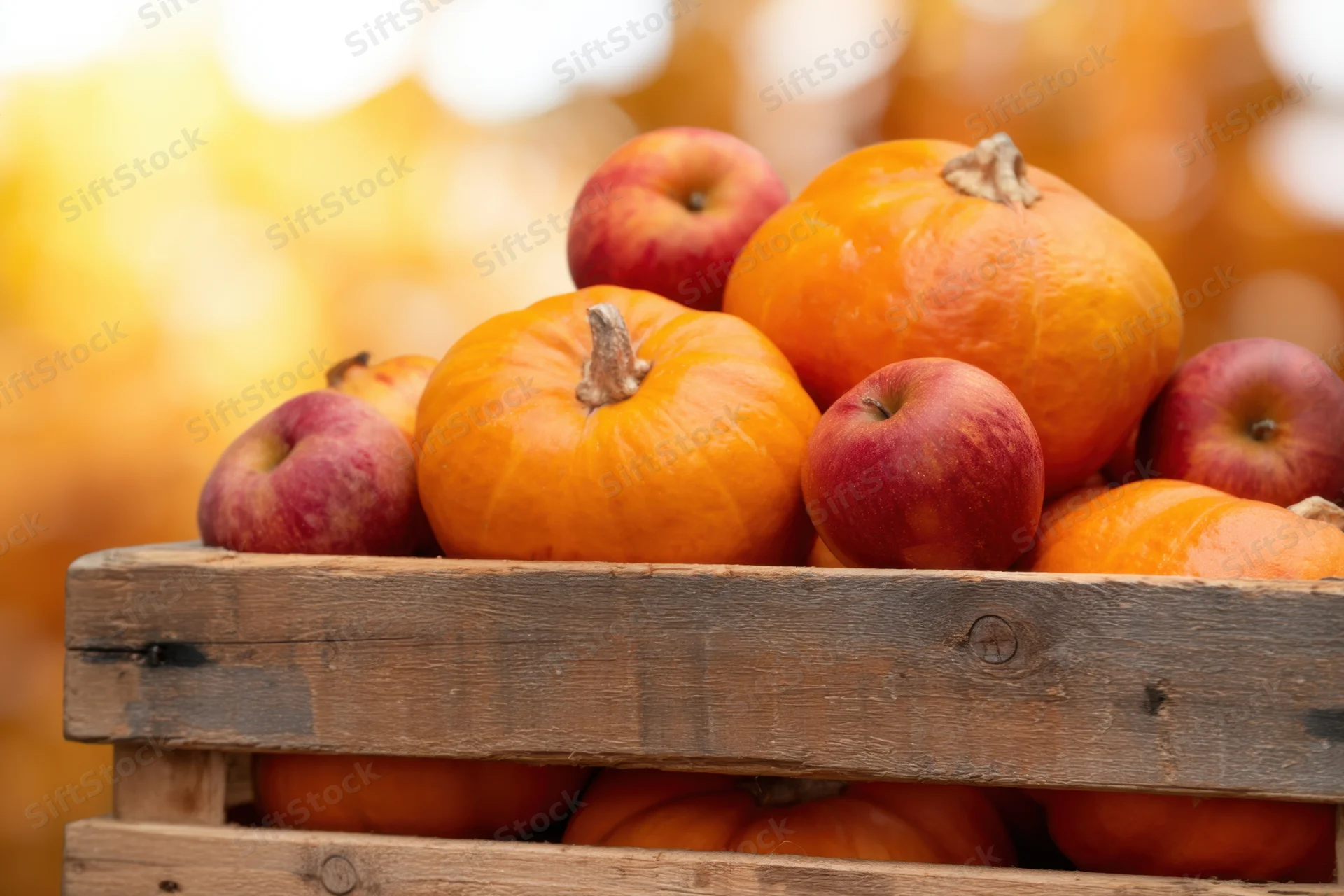 Wooden crate overflowing with pumpkins and apples in autumn harvest display