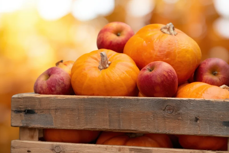 Wooden crate overflowing with pumpkins and apples in autumn harvest display