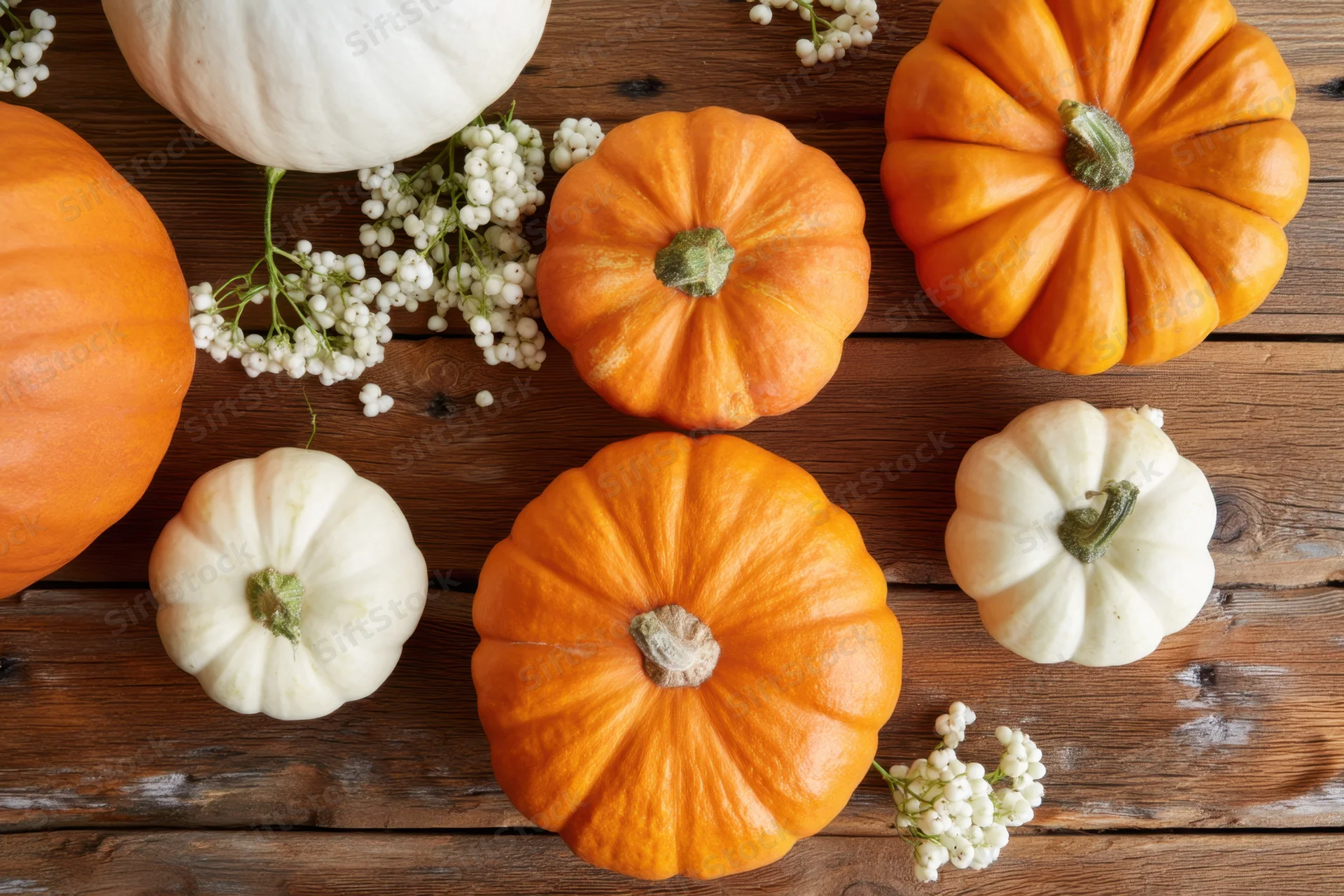 Pumpkins and white flowers arranged on a rustic wooden surface