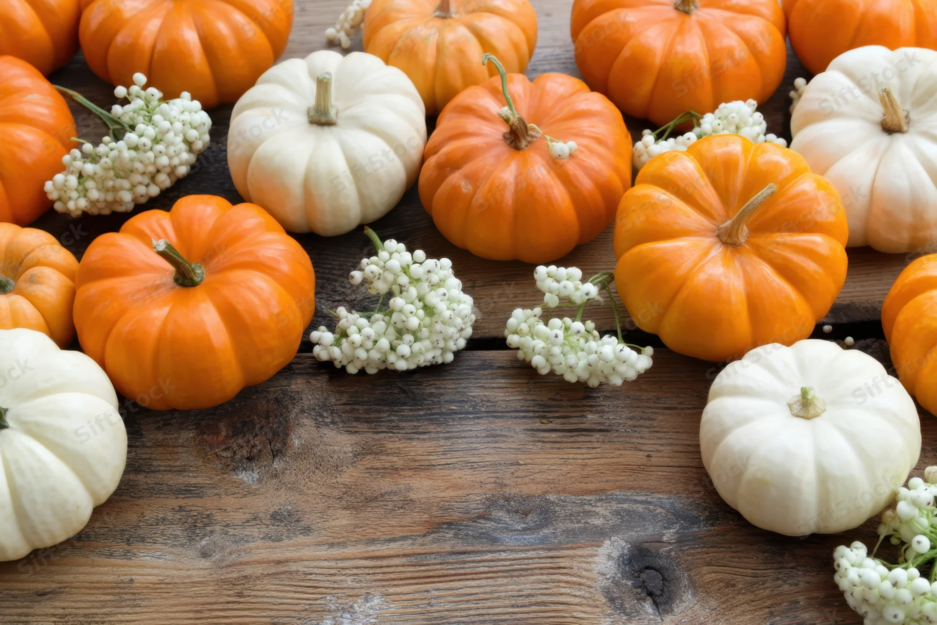 Small orange and white pumpkins arranged on a rustic wooden surface with white berries as decoration