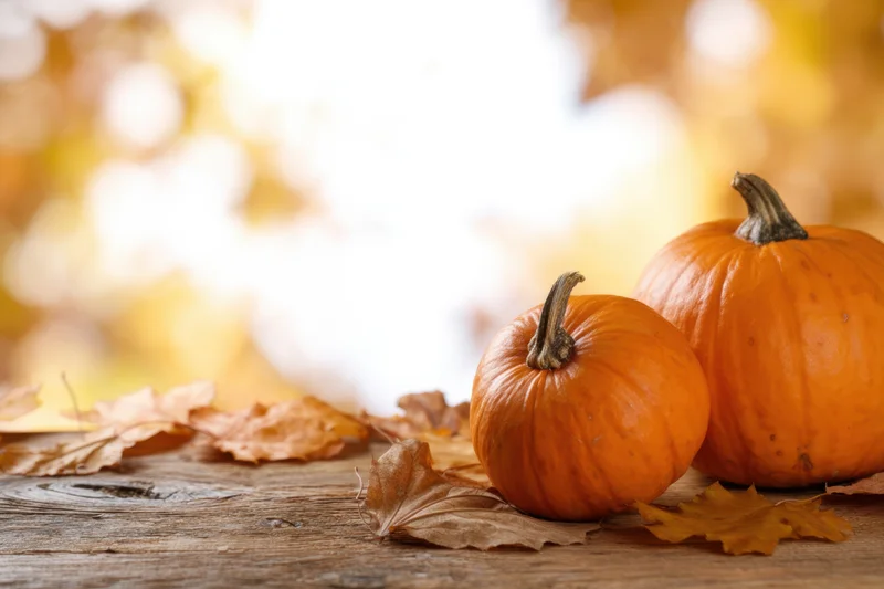 Two orange pumpkins and dried leaves arranged on a rustic wooden table