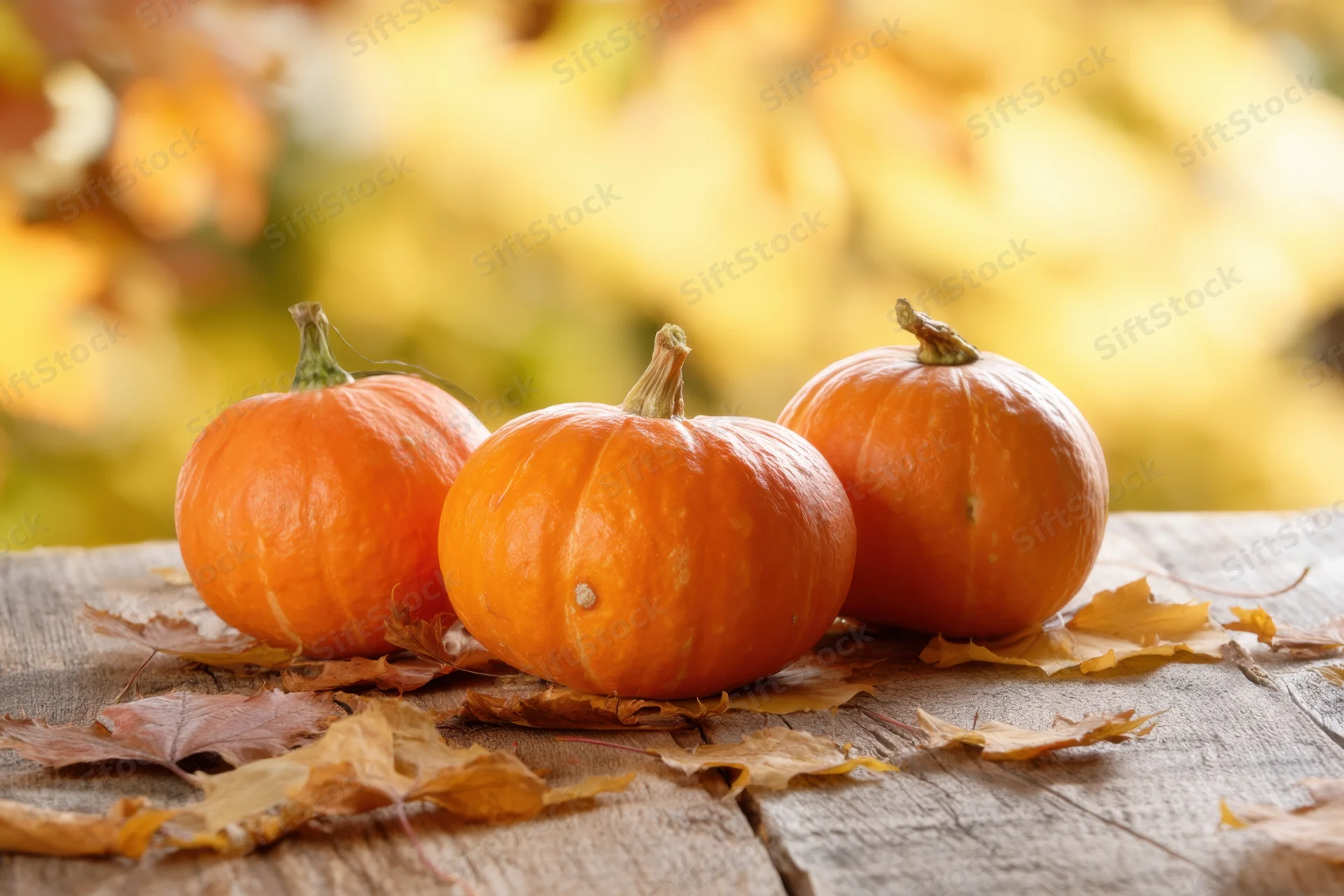 Three orange pumpkins arranged on a rustic wooden table with scattered autumn leaves
