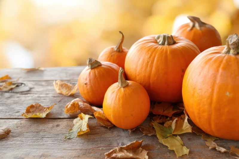 Pumpkins arranged on a rustic wooden table with scattered autumn leaves