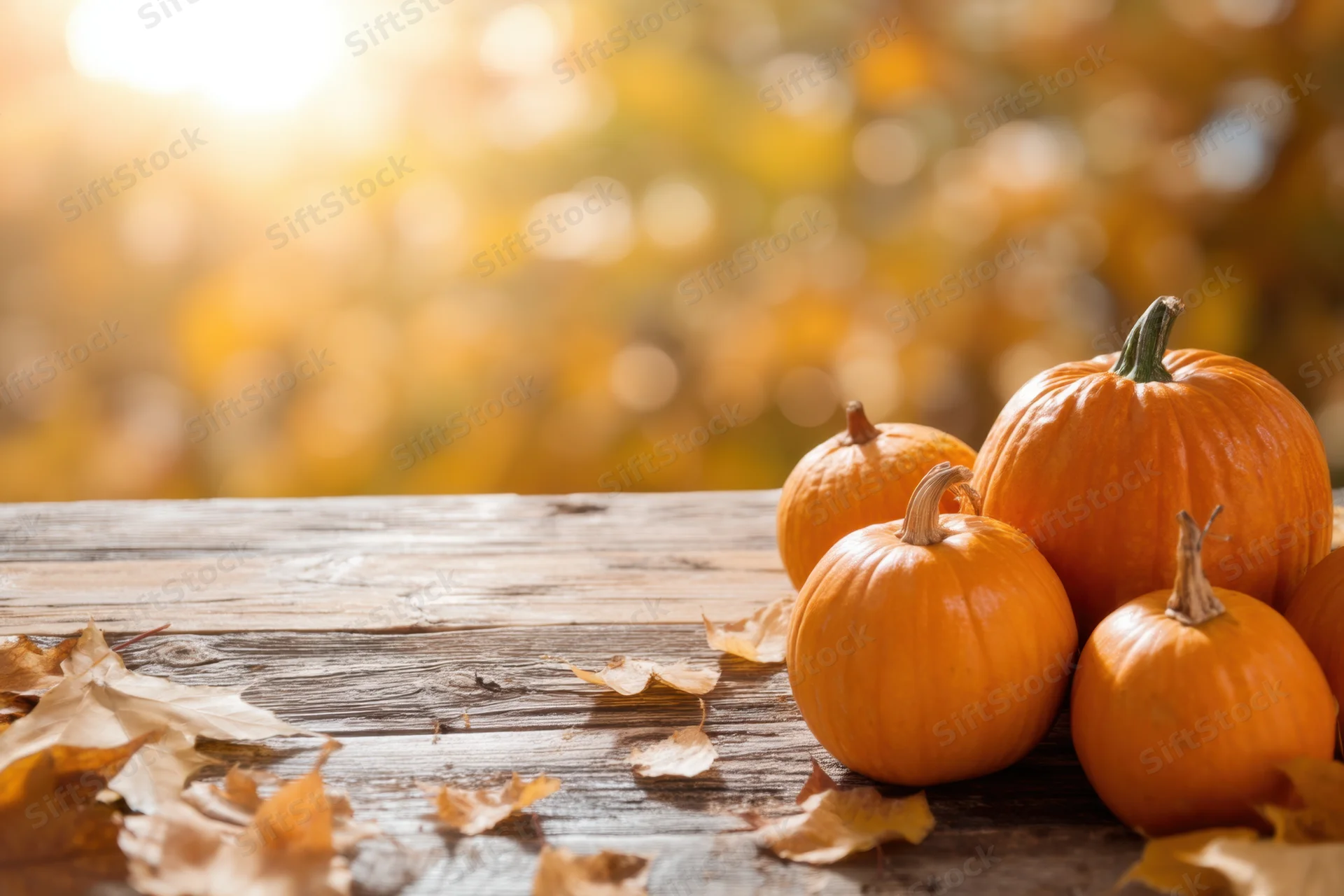Orange pumpkins and dried leaves arranged on a rustic wooden table with autumn foliage in soft focus background