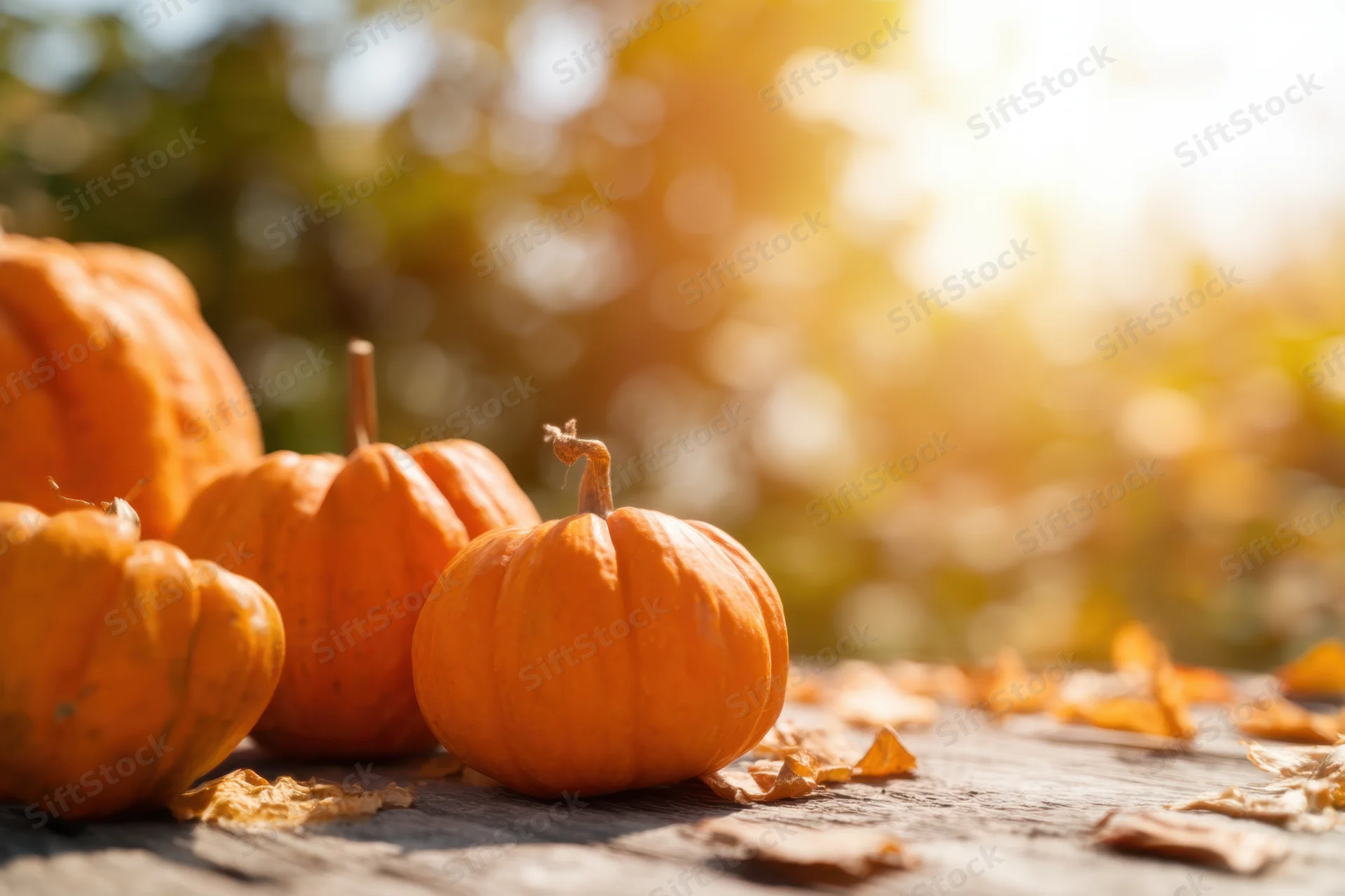 Orange pumpkins arranged on a rustic wooden table outdoors in autumn sunlight