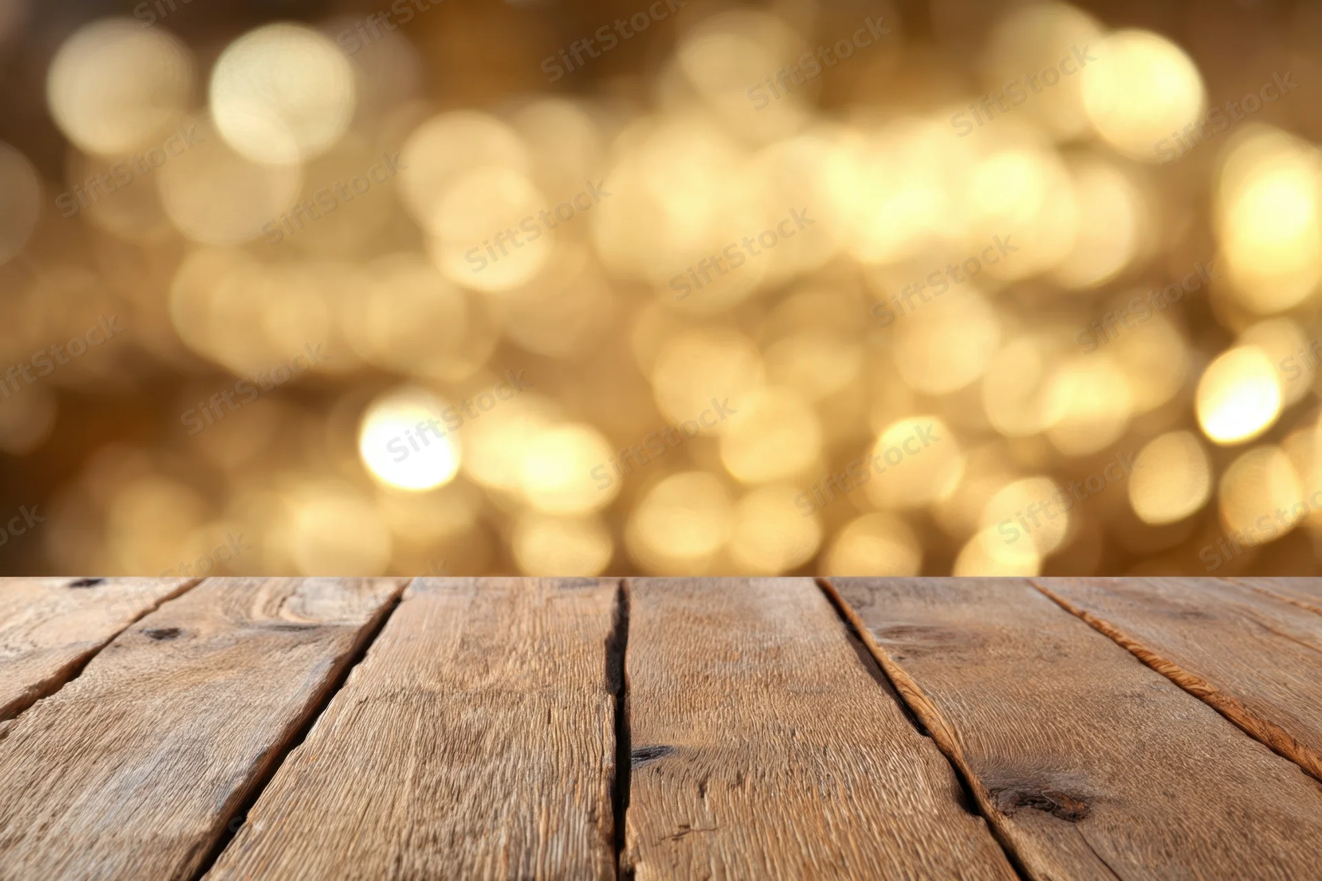 Rustic wooden table surface with golden bokeh background and copyspace for display