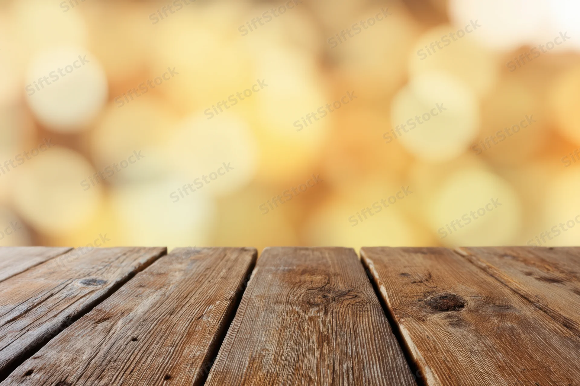 Rustic wooden table surface with warm golden bokeh background and copyspace for product display