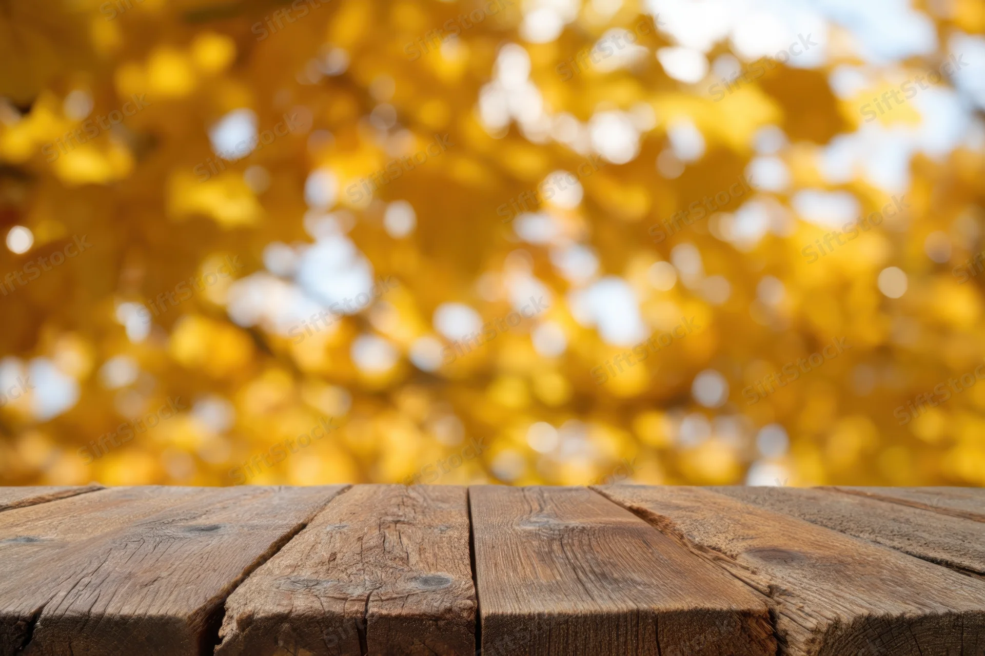 Rustic wooden table in foreground with blurred golden autumn foliage background