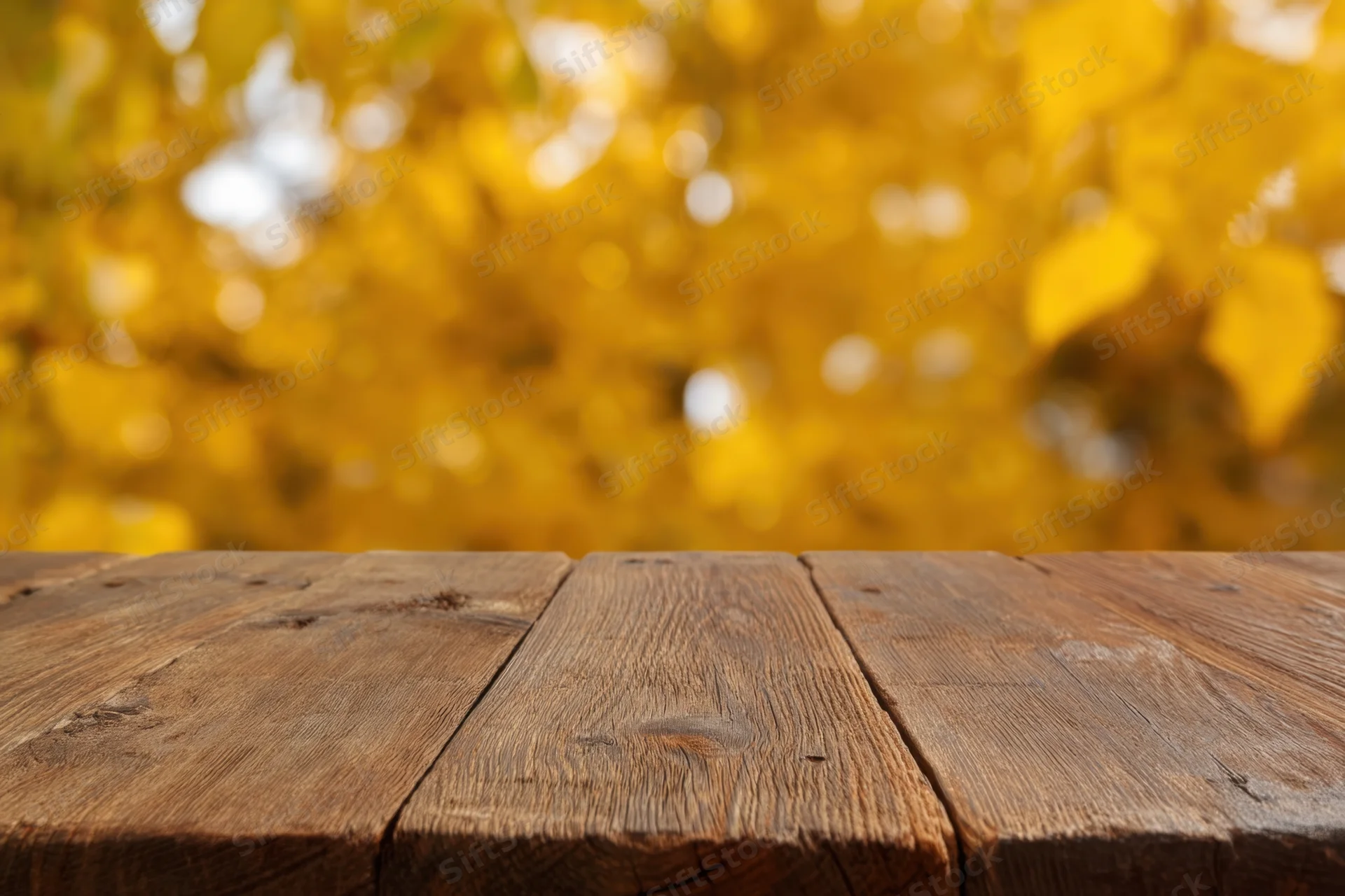 Rustic wooden table in foreground with blurred golden autumn foliage behind