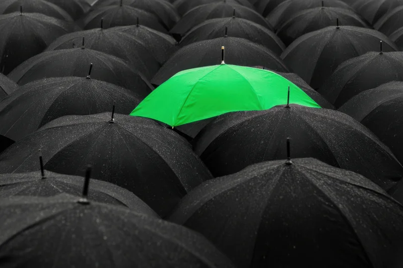 A single green umbrella among a sea of black umbrellas in the rain