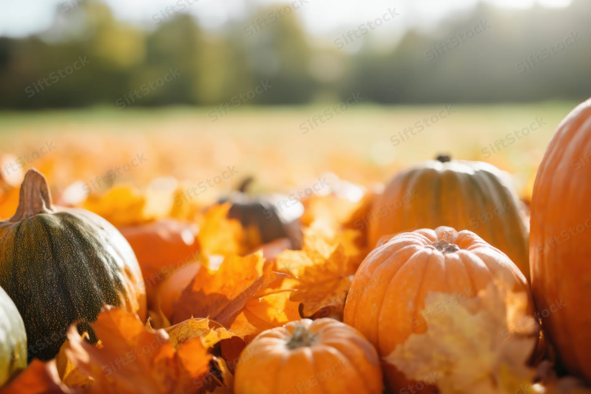 Pumpkins and autumn leaves arranged in a field during fall harvest