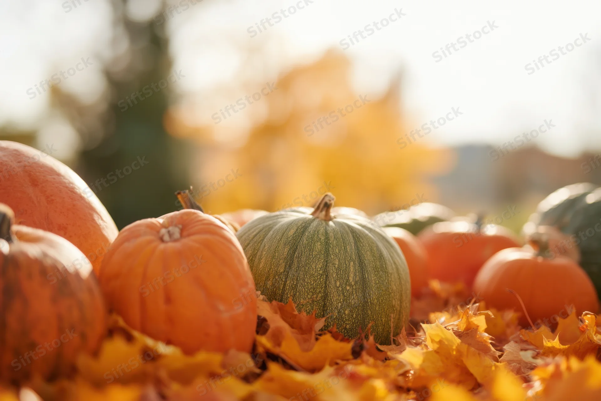 Pumpkins and autumn leaves arranged in a field during fall harvest