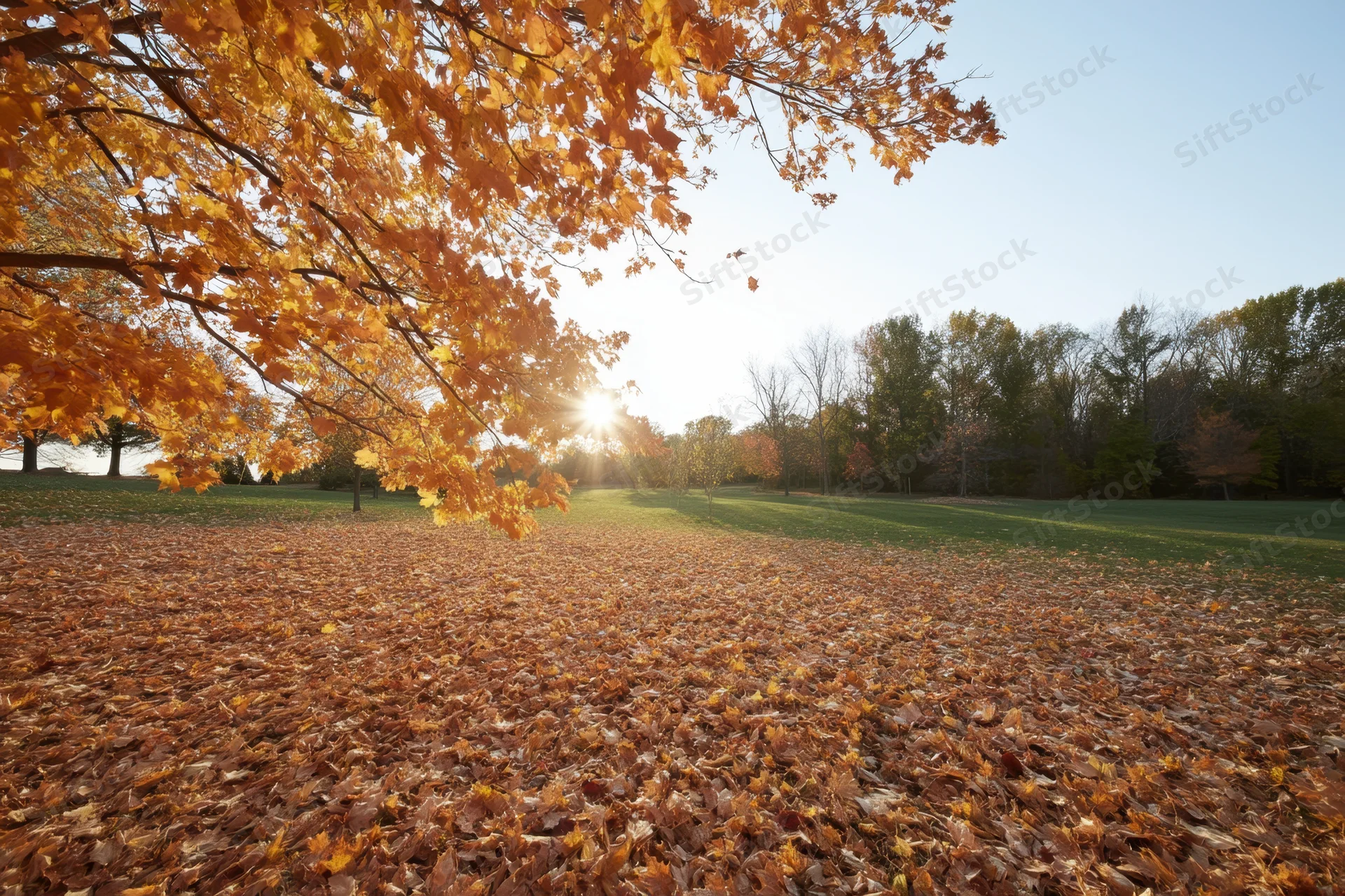 Autumn leaves covering a grassy field under a tree canopy with sunlight filtering through branches in a park setting