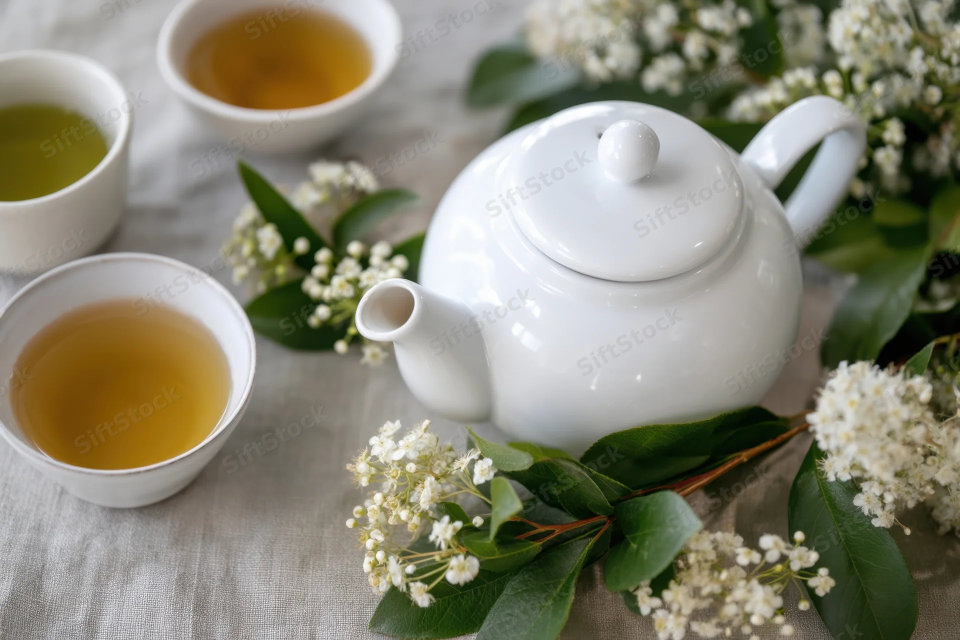 White ceramic teapot with tea cups and white flowers arranged on a linen tablecloth