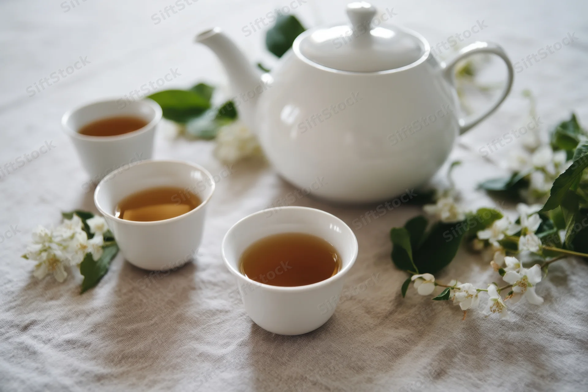 White ceramic teapot and three cups of tea arranged on a linen tablecloth with white blossoms and green leaves