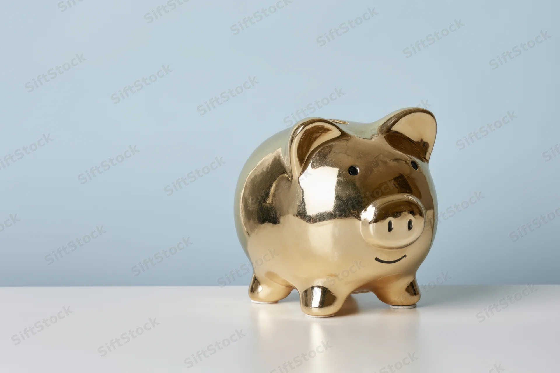 Shiny gold piggy bank standing on a white surface against a blue background