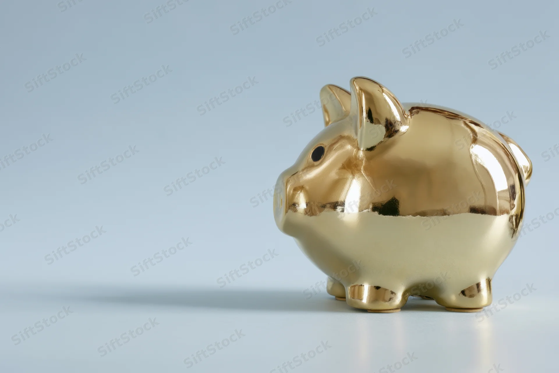 Shiny gold piggy bank standing on smooth surface against light blue background
