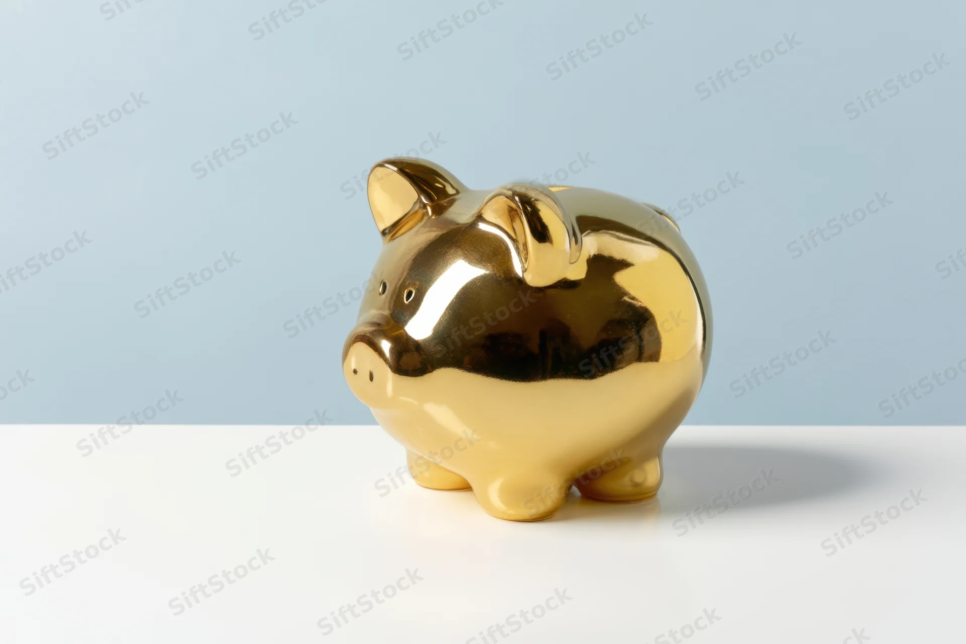Shiny gold piggy bank sitting on white surface against blue background