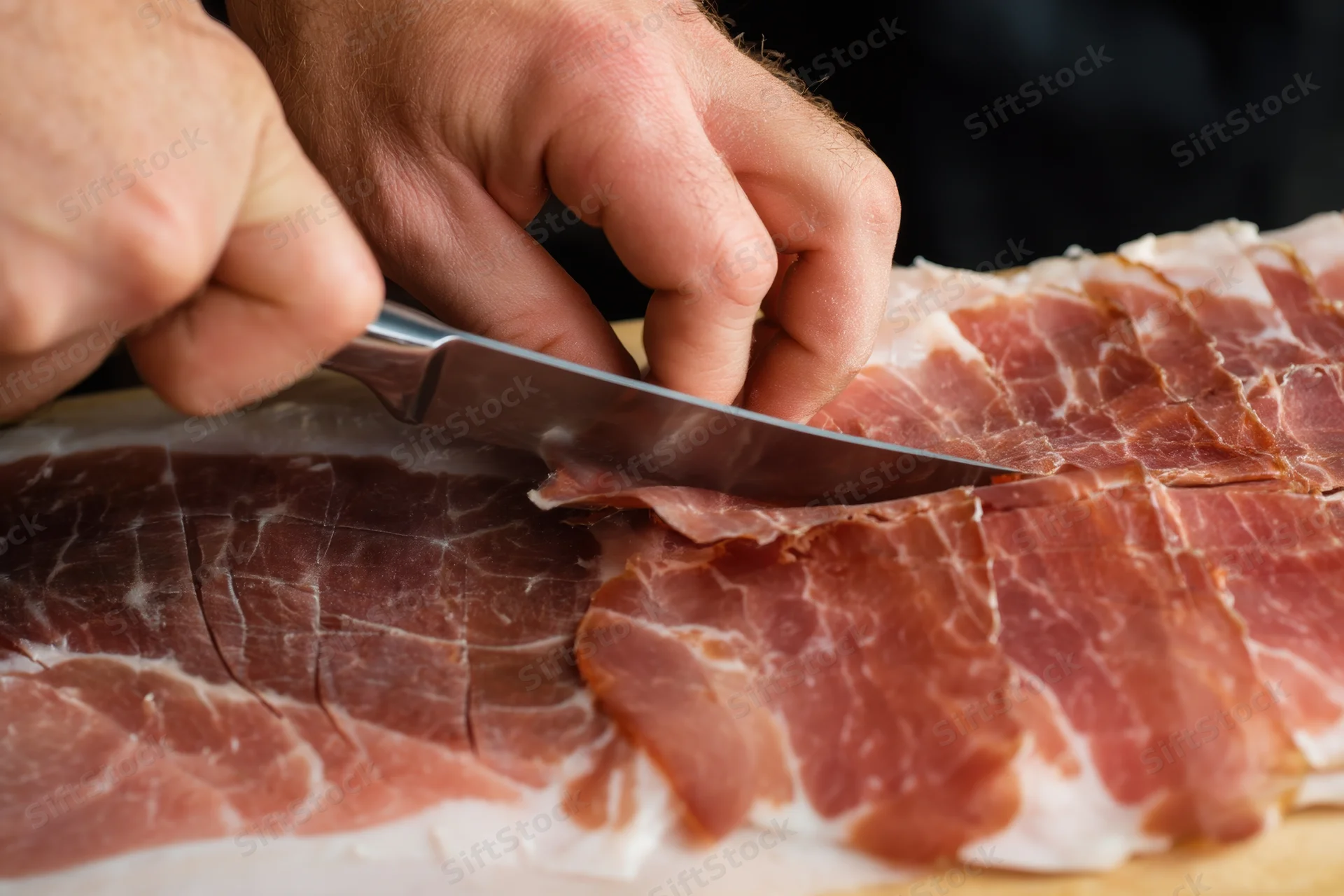 Hand slicing cured ham on a wooden board with a sharp knife