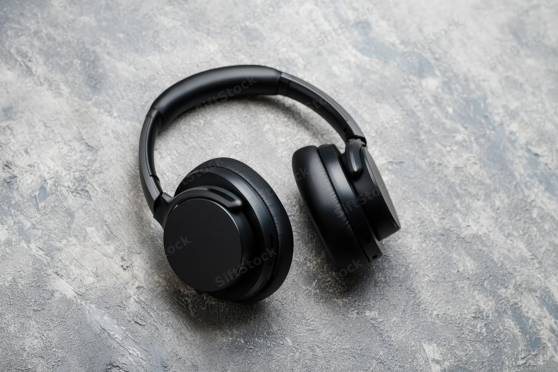 Sleek black wireless overear headphones resting on textured gray surface