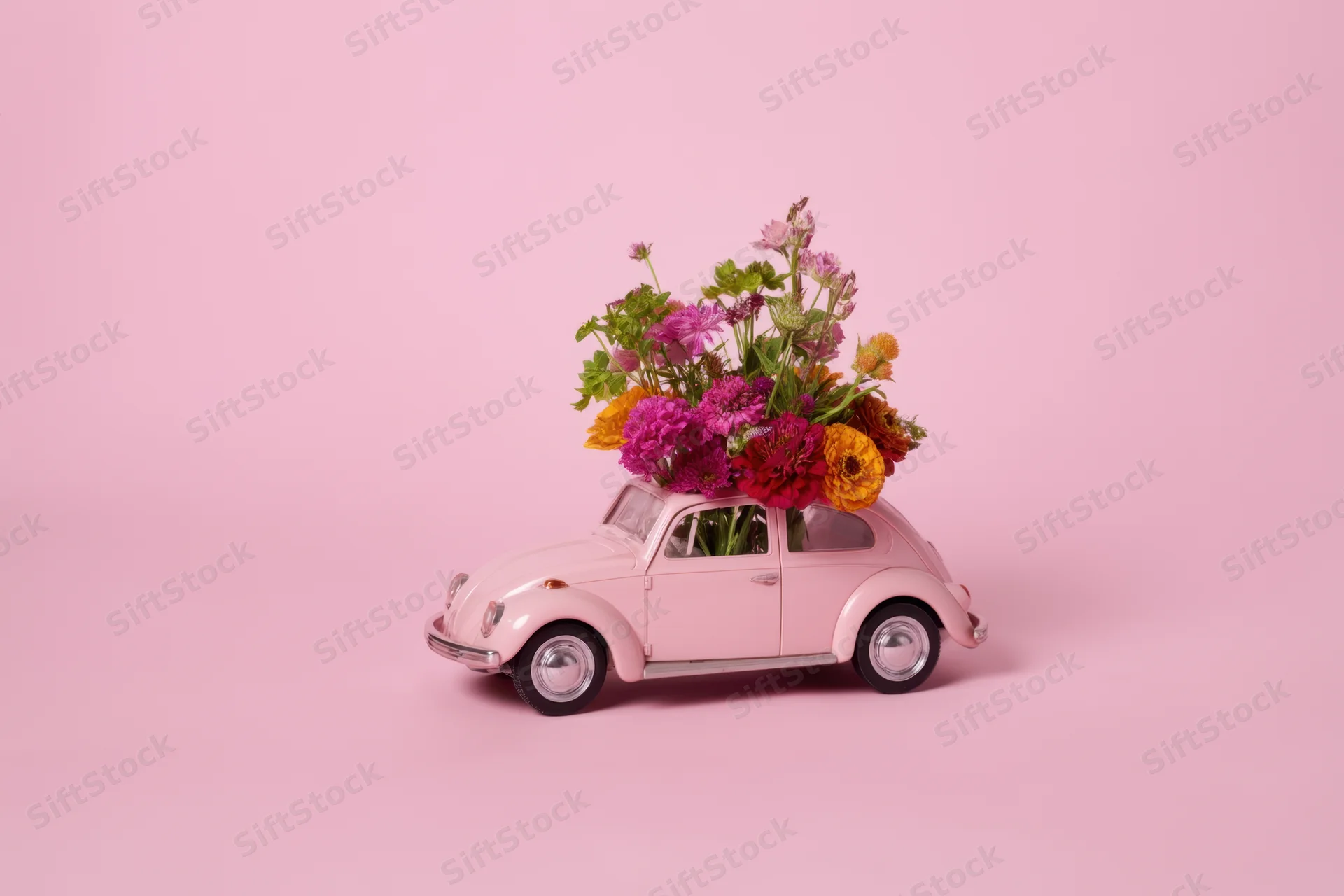 Pastel pink toy beetle car carrying a vibrant floral bouquet on its roof against a plain pink background